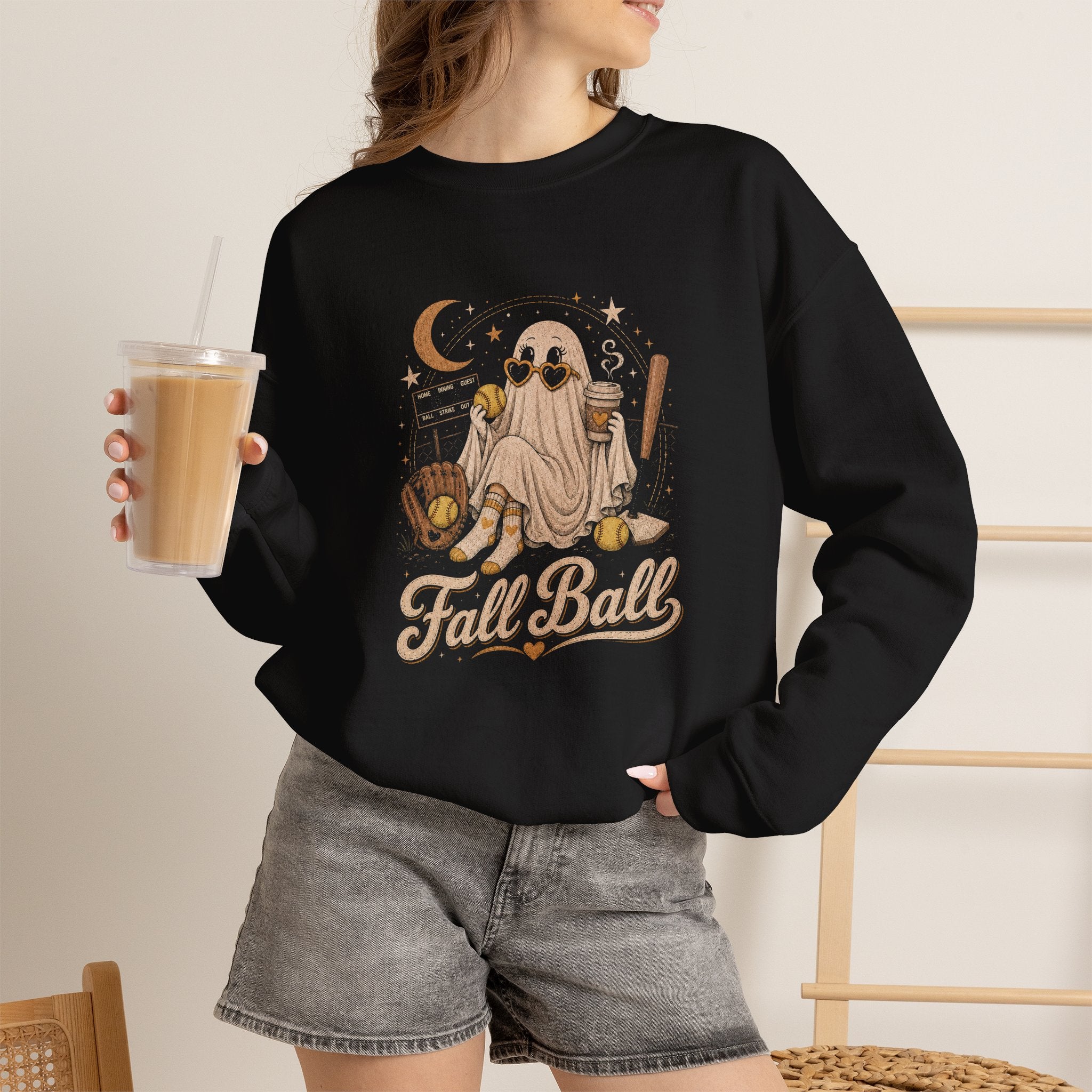 Fall Ball Ghost Sweatshirt — Cute Halloween Crewneck for Fall Baseball Fans