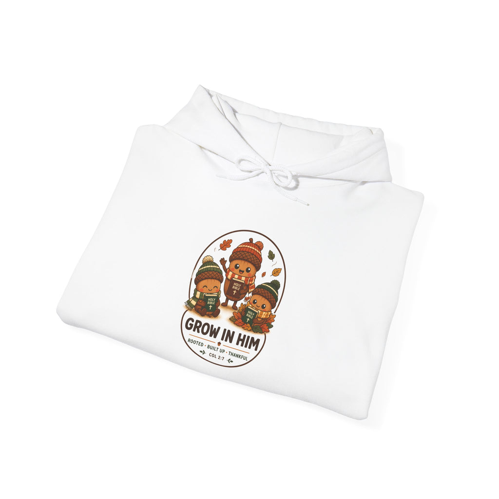 Grow in Him Hoodie | Christian Autumn fall leaves pumpkin barn scripture