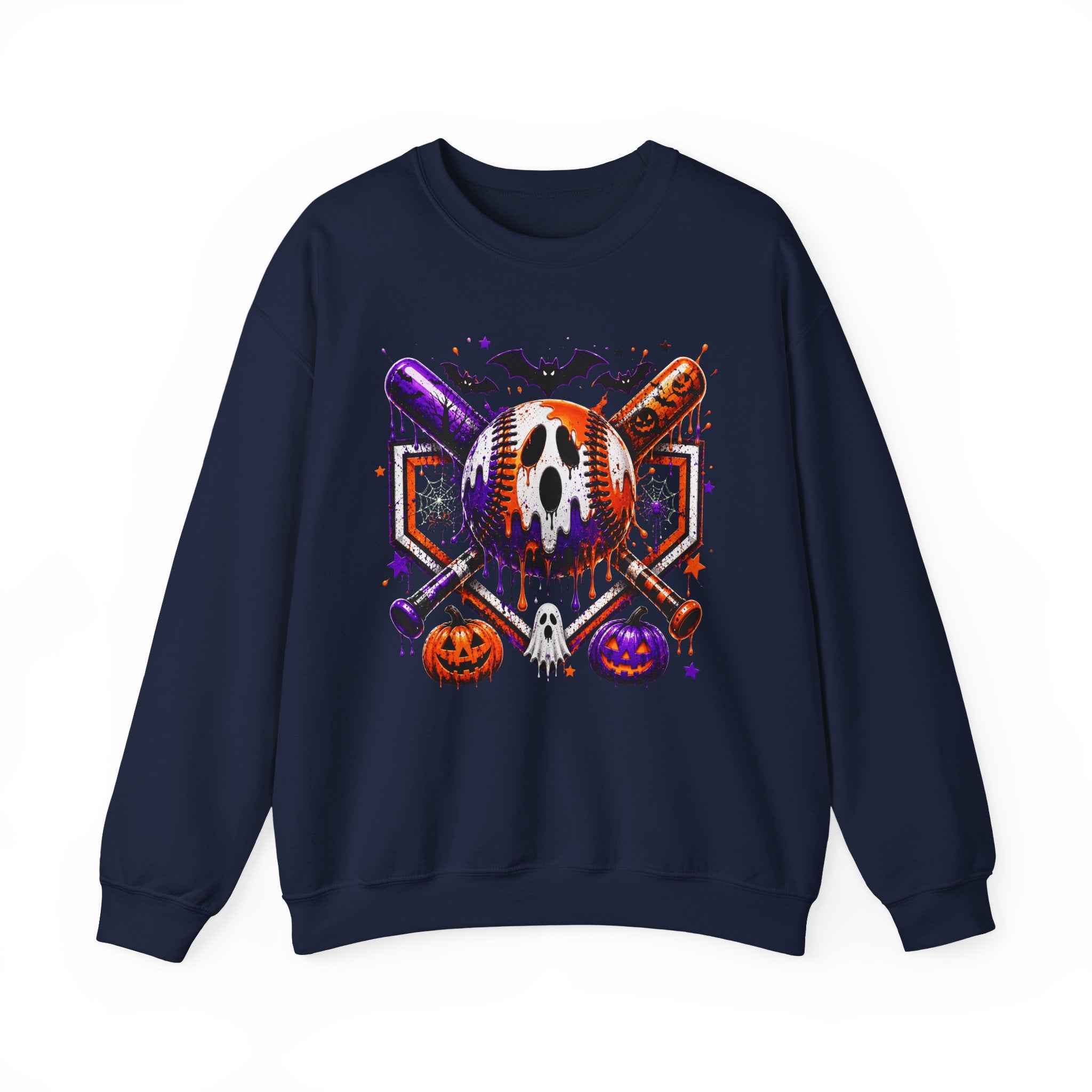 Halloween Baseball Crewneck Sweatshirt – Spooky Mask, Bats & Pumpkins Design
