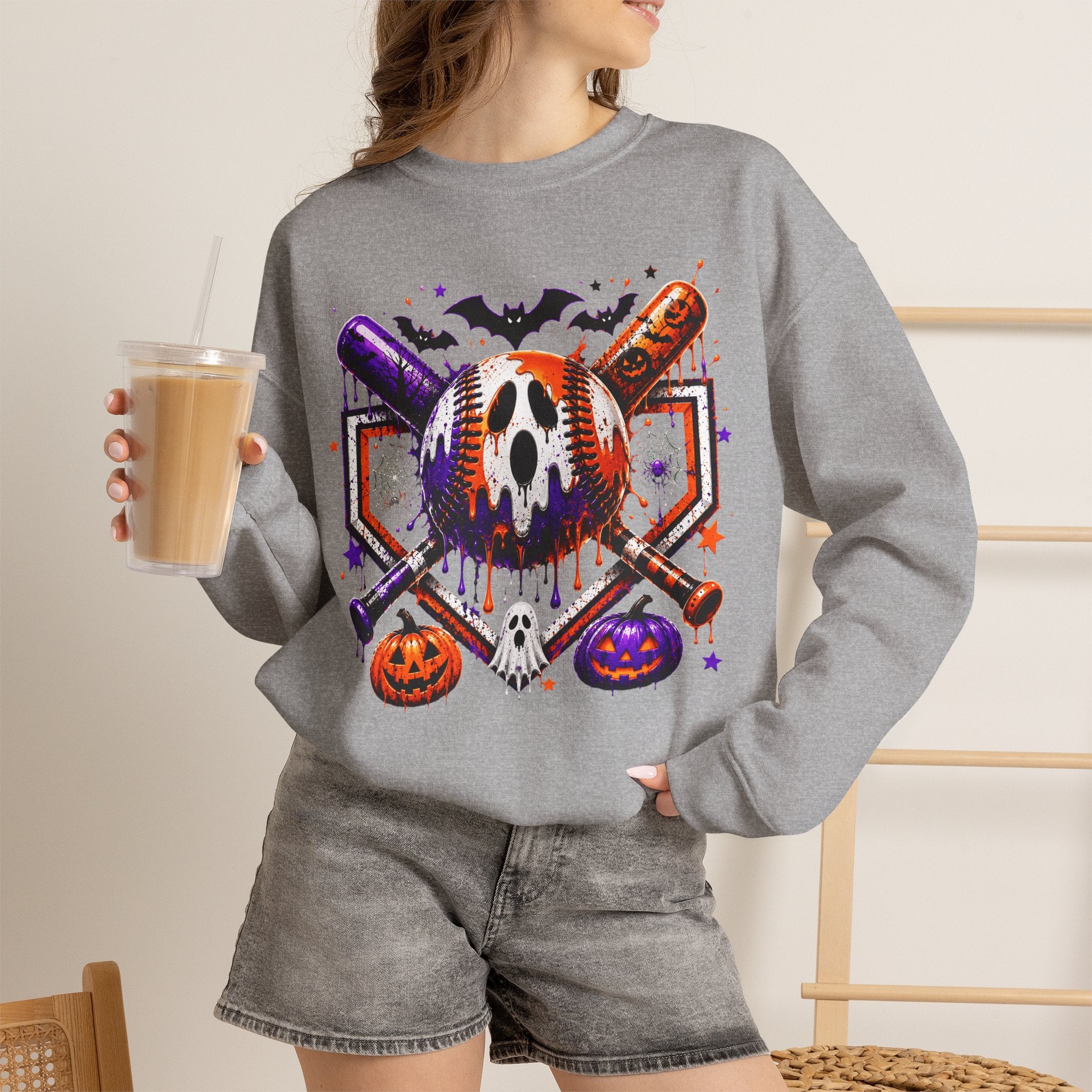 Halloween Baseball Crewneck Sweatshirt – Spooky Mask, Bats & Pumpkins Design