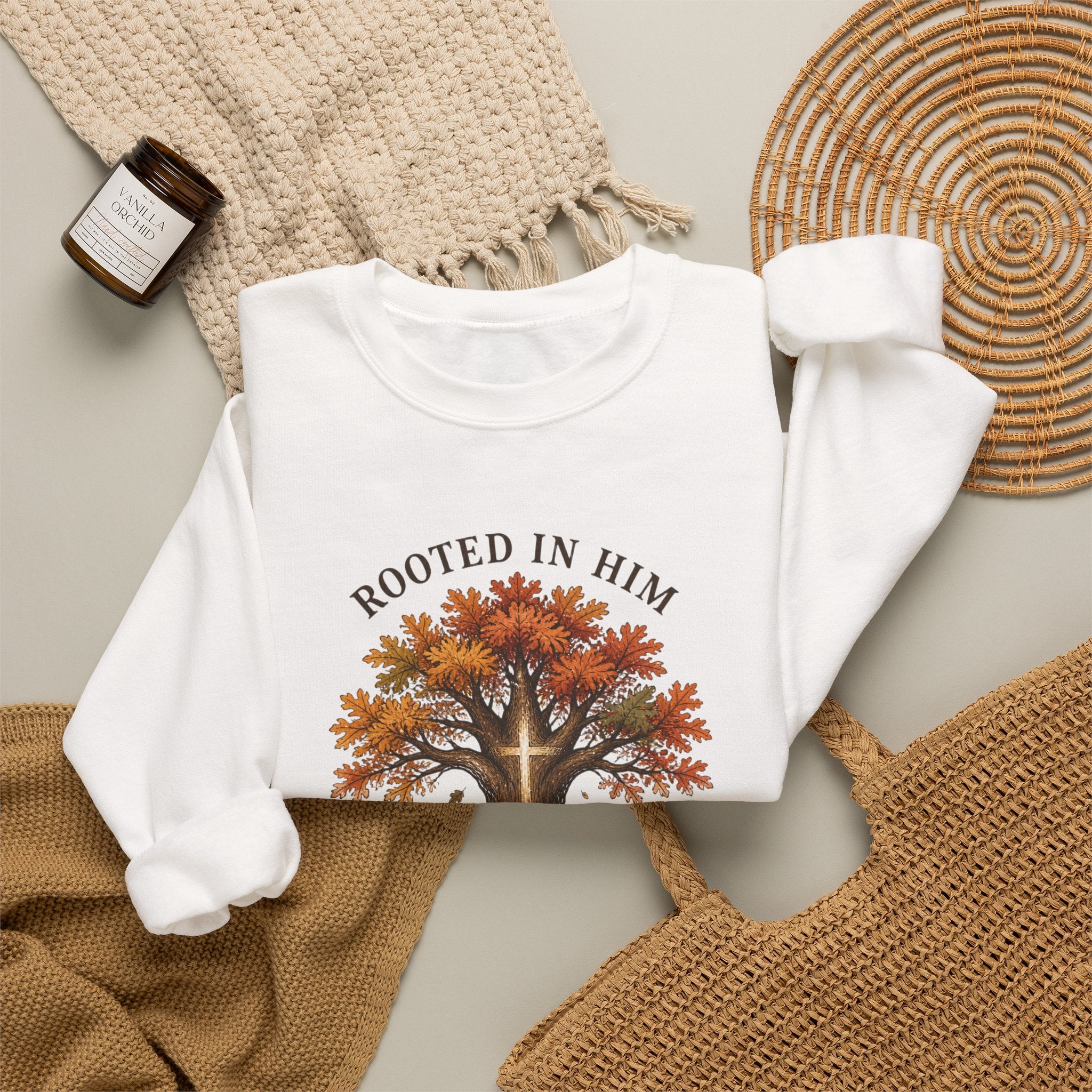 Rooted in Him Tree Sweatshirt | Christian Autumn, Fall Leaves