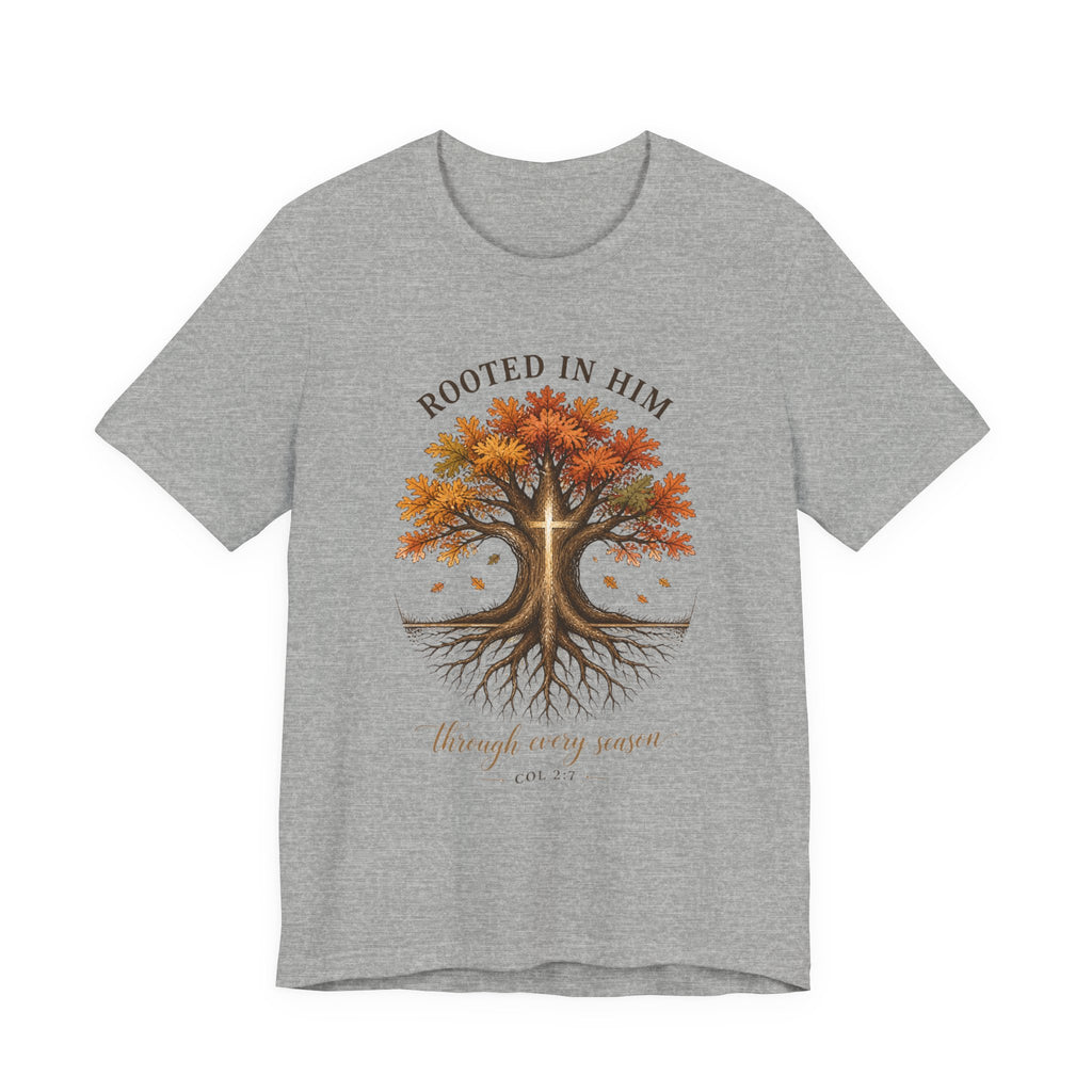 Rooted in Him Tree Tee | Christian Autumn, Fall Leaves Scripture Shirt