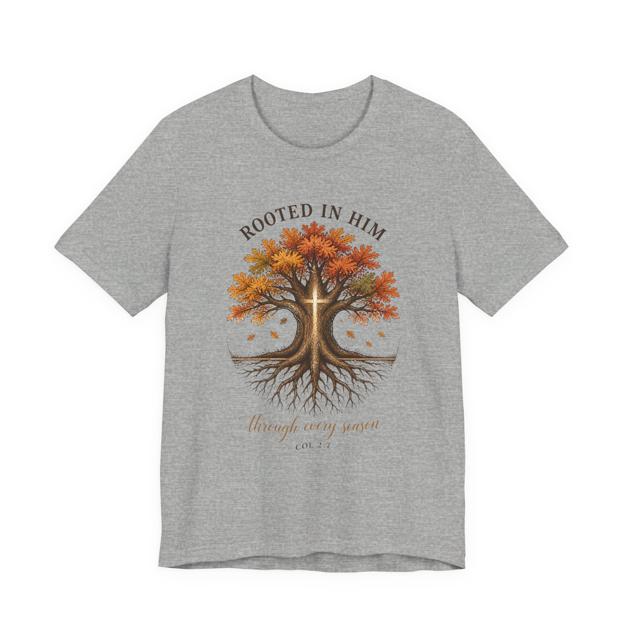 Rooted in Him Tree Tee | Christian Autumn, Fall Leaves Scripture Shirt