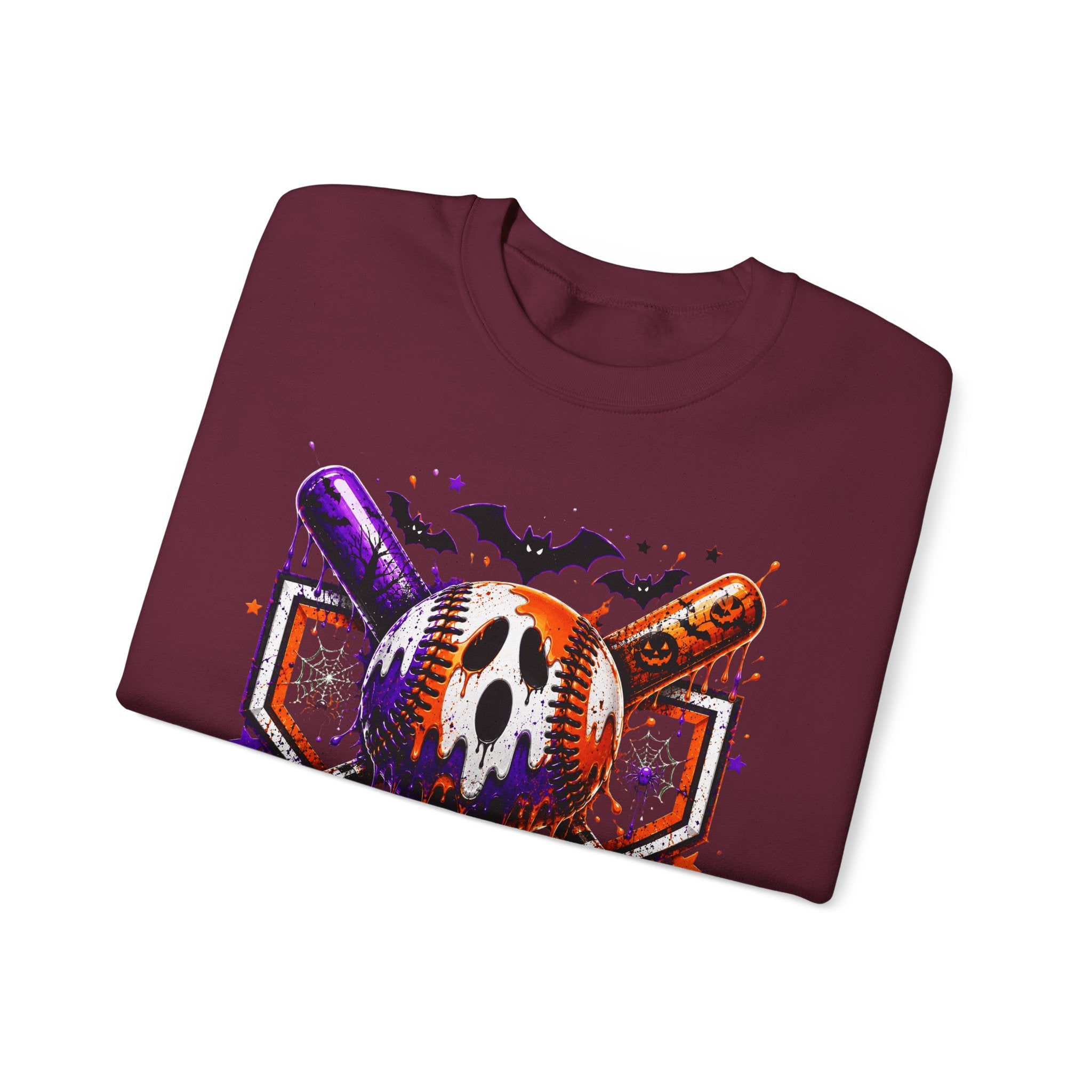 Halloween Baseball Crewneck Sweatshirt – Spooky Mask, Bats & Pumpkins Design