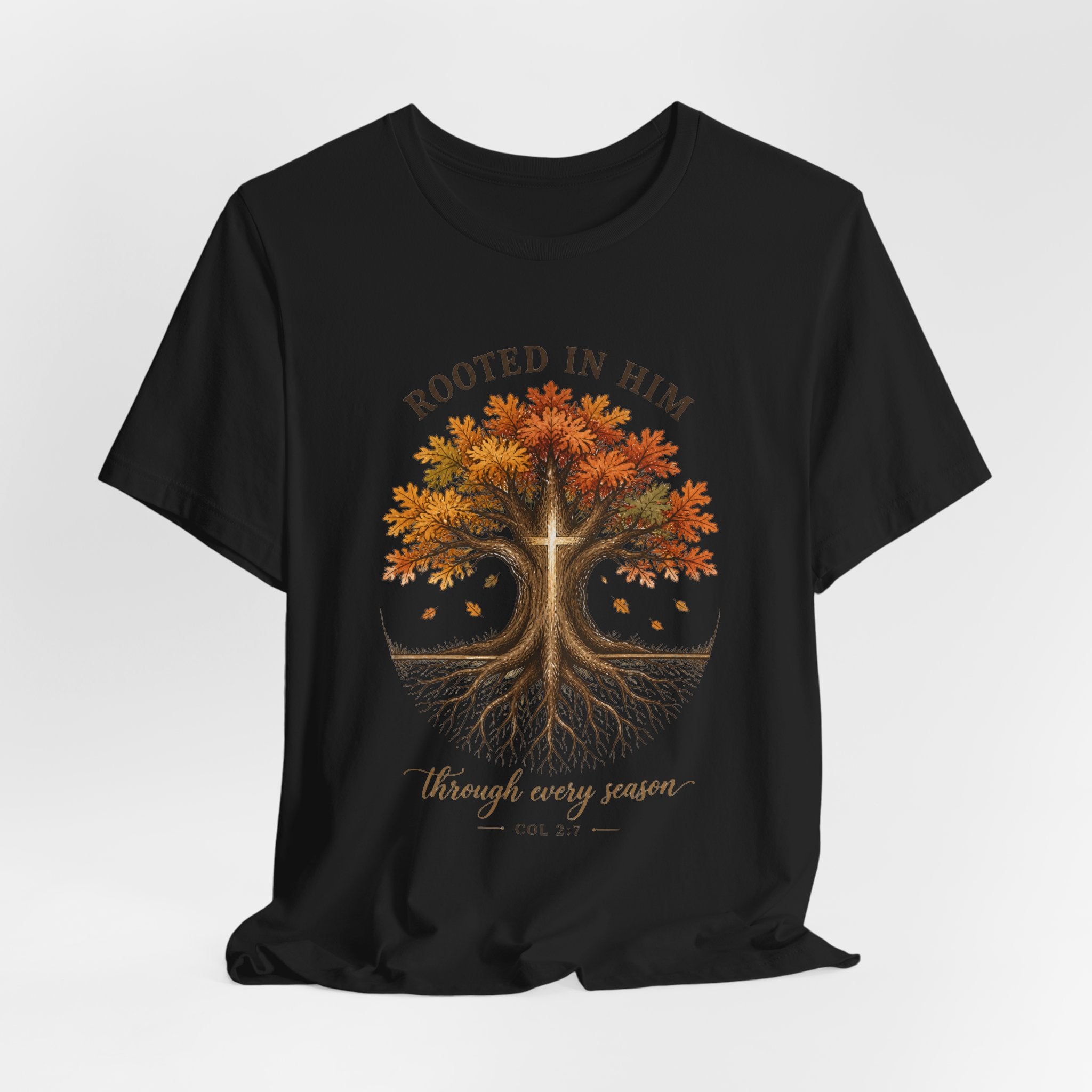 Rooted in Him Tree Tee | Christian Autumn, Fall Leaves Scripture Shirt