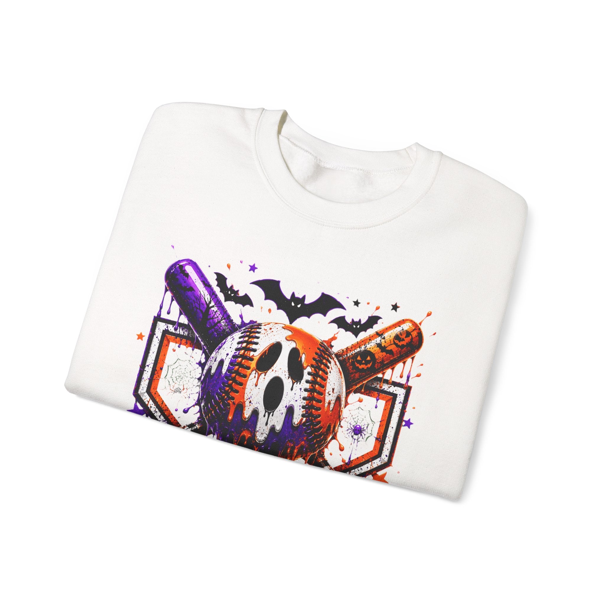 Halloween Baseball Crewneck Sweatshirt – Spooky Mask, Bats & Pumpkins Graphic