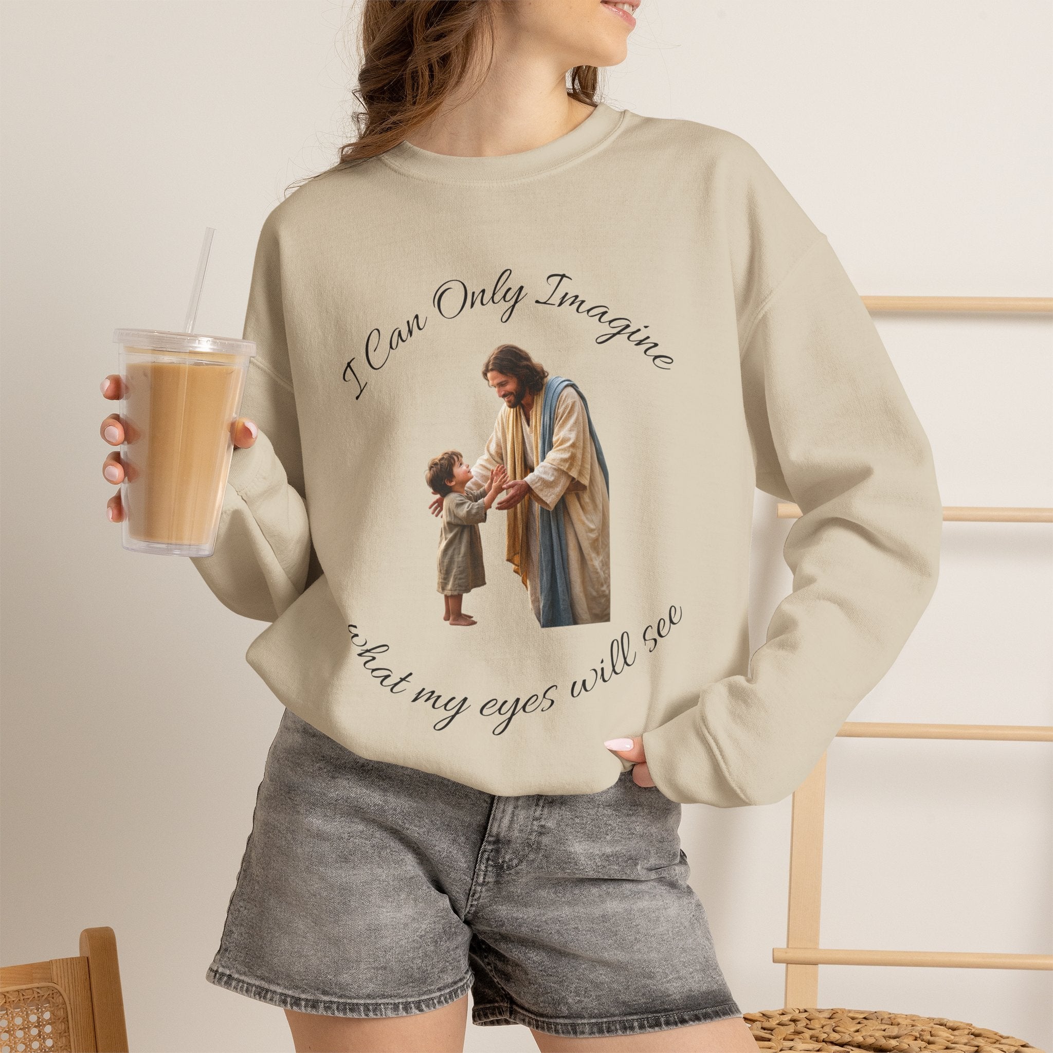 Religious Crewneck Sweatshirt — "I Can Only Imagine" Jesus & Child Graphic