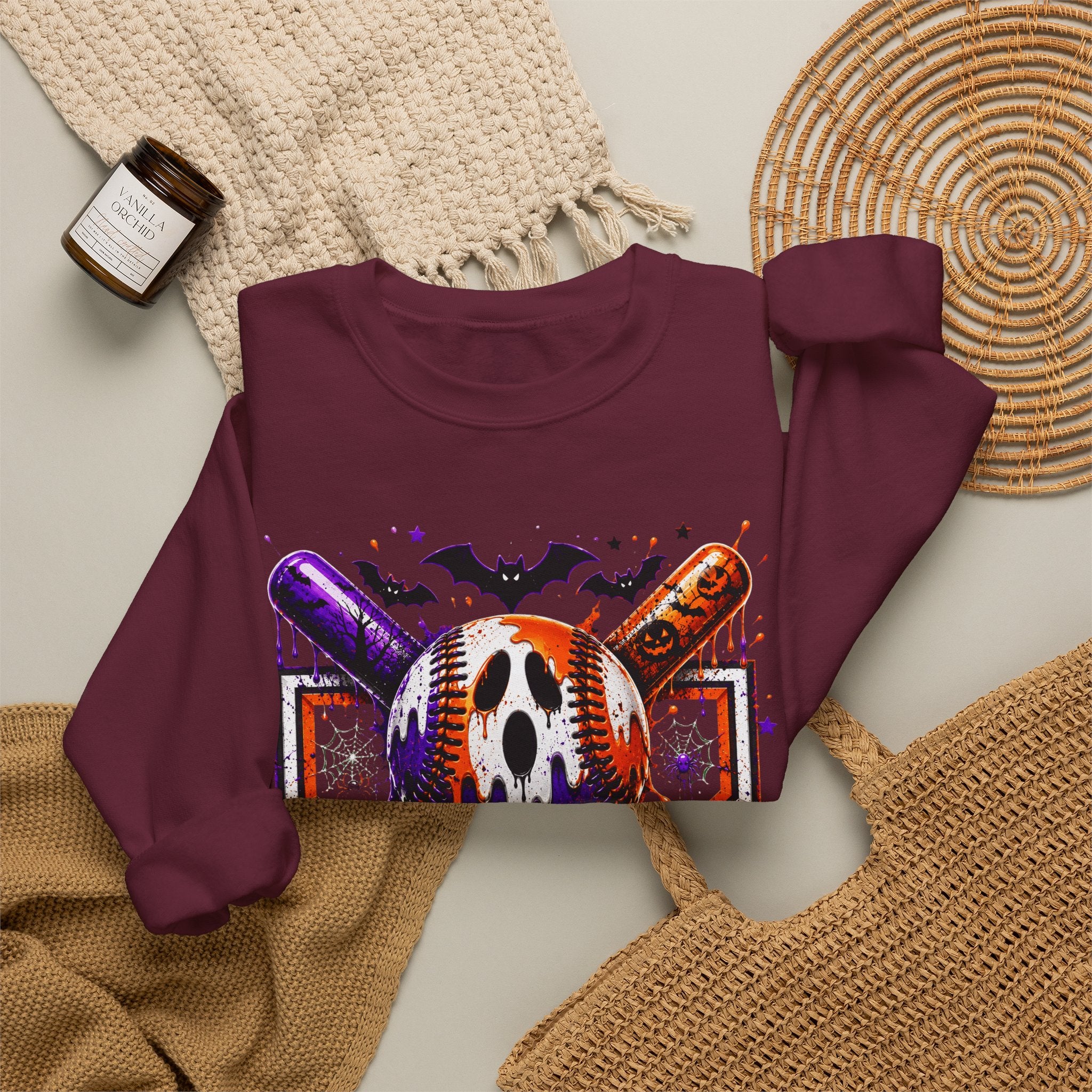 Halloween Baseball Crewneck Sweatshirt – Spooky Mask, Bats & Pumpkins Design