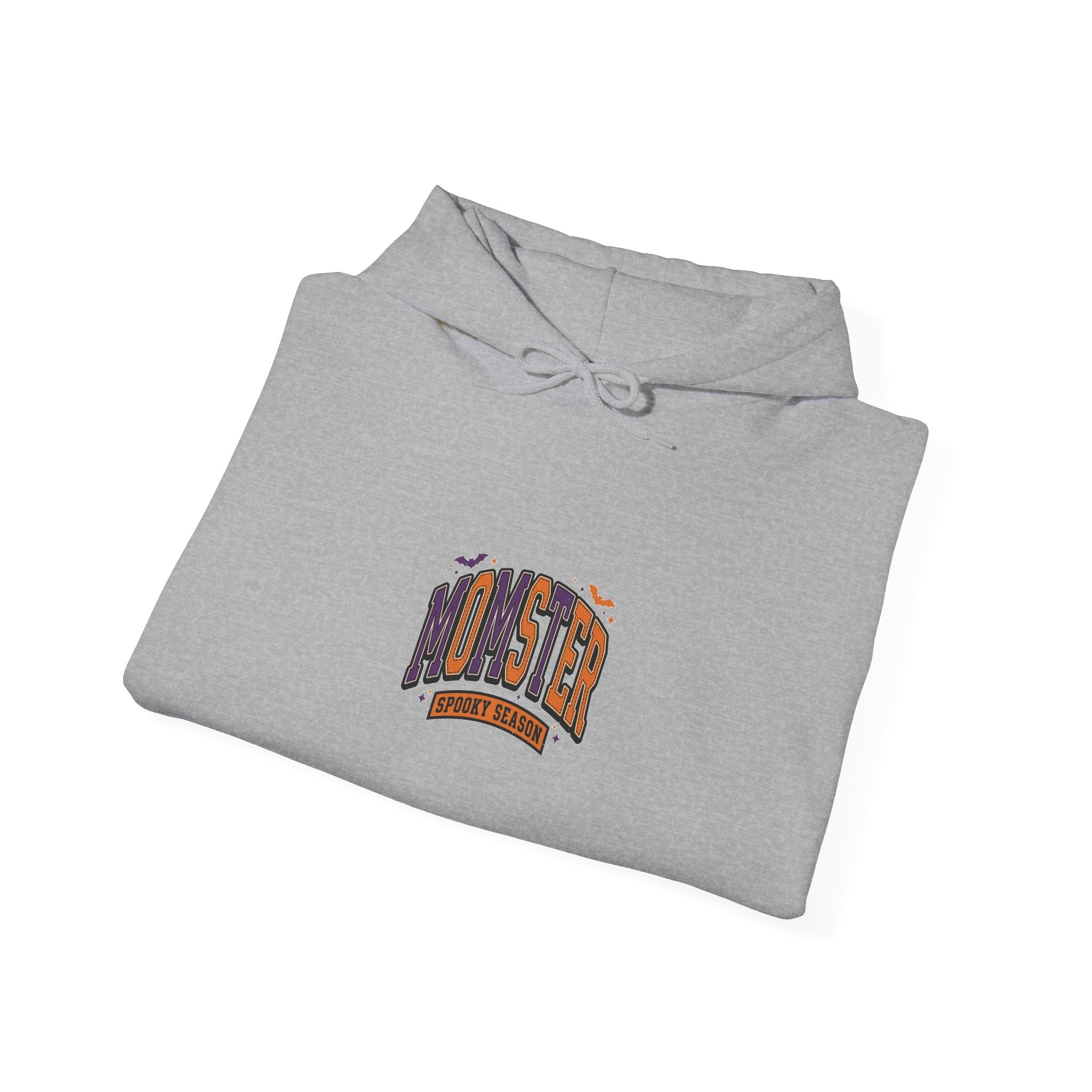 Momster Halloween Hoodie | spooky lettering, bats, purple orange collegiate