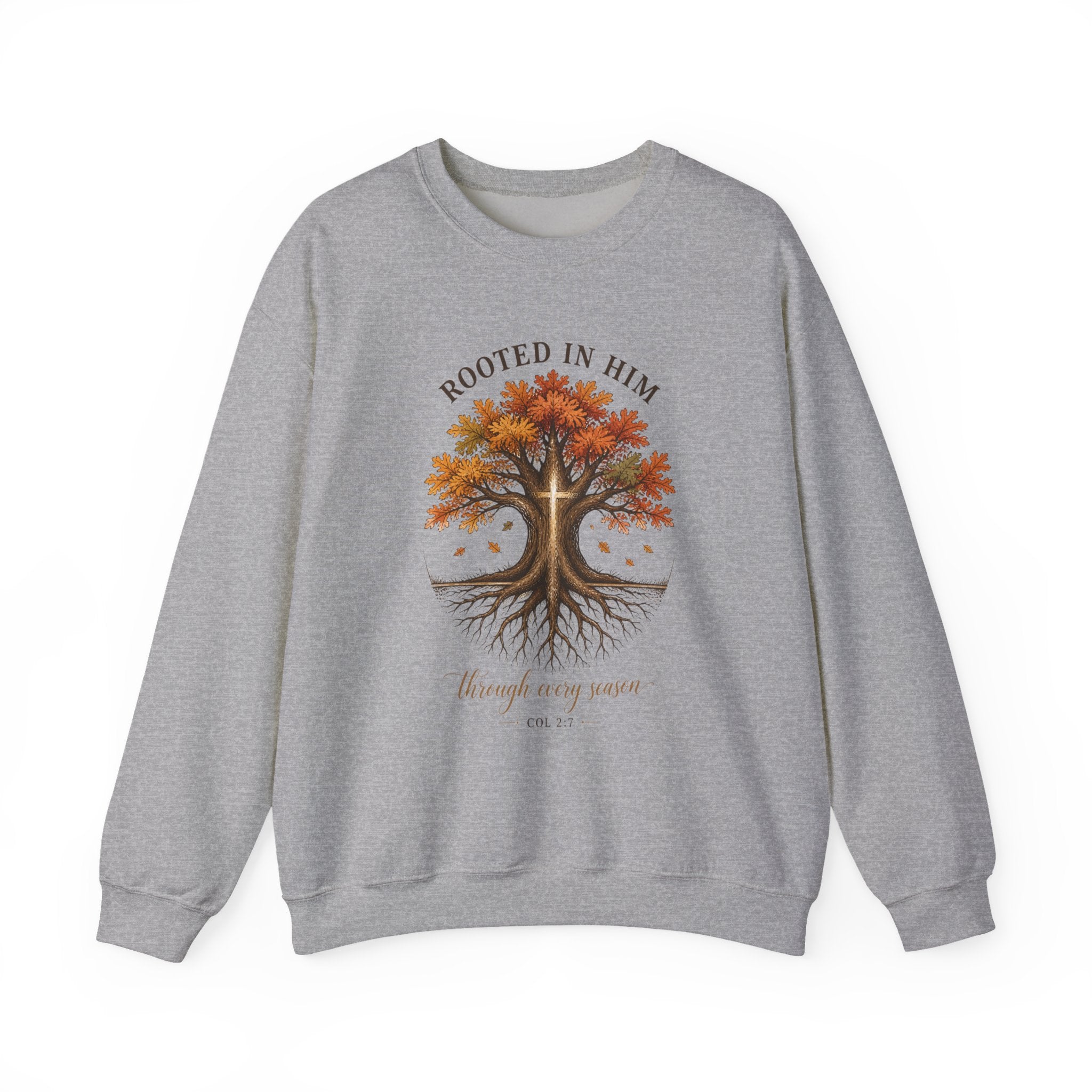 Rooted in Him Tree Sweatshirt | Christian Autumn, Fall Leaves