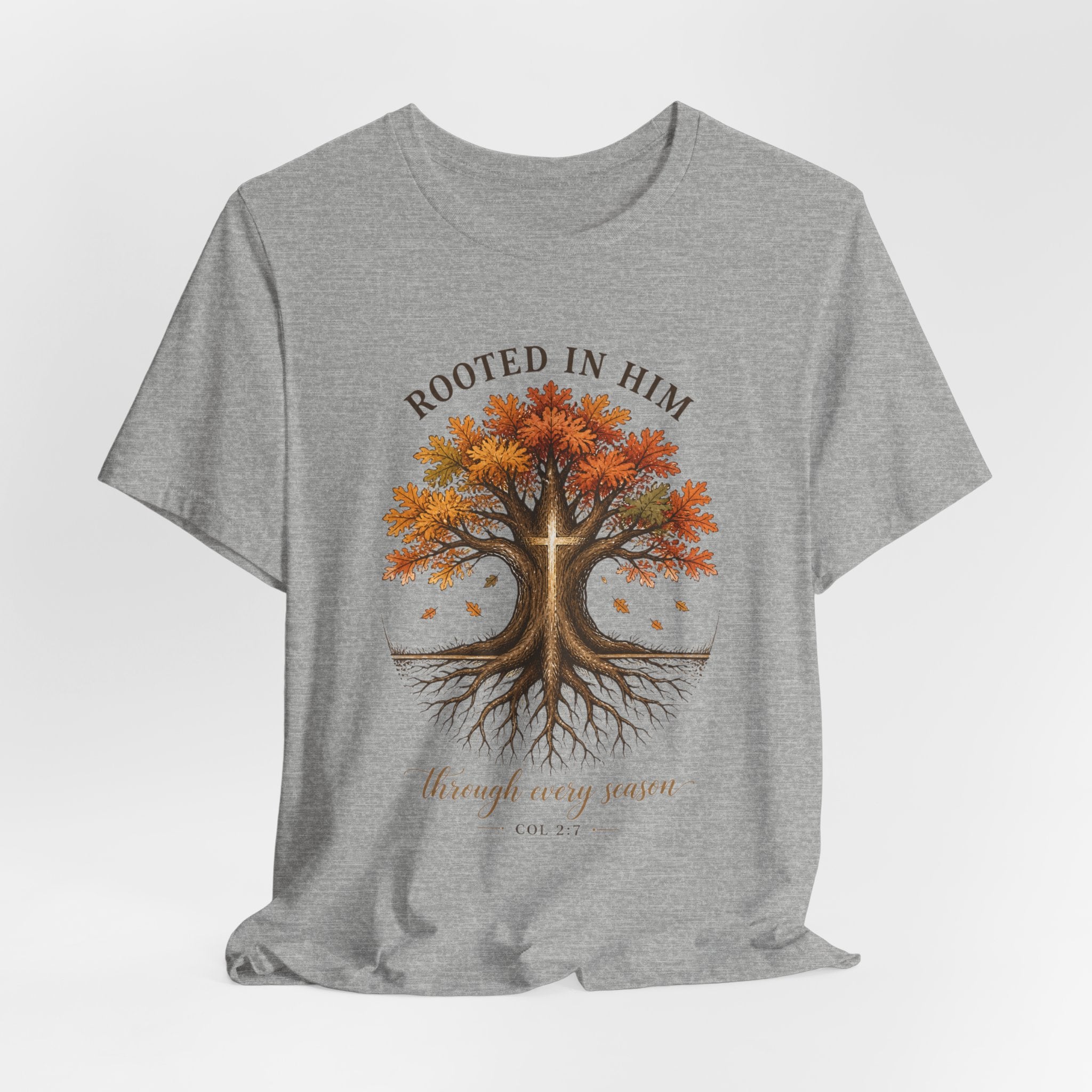 Rooted in Him Tree Tee | Christian Autumn, Fall Leaves Scripture Shirt