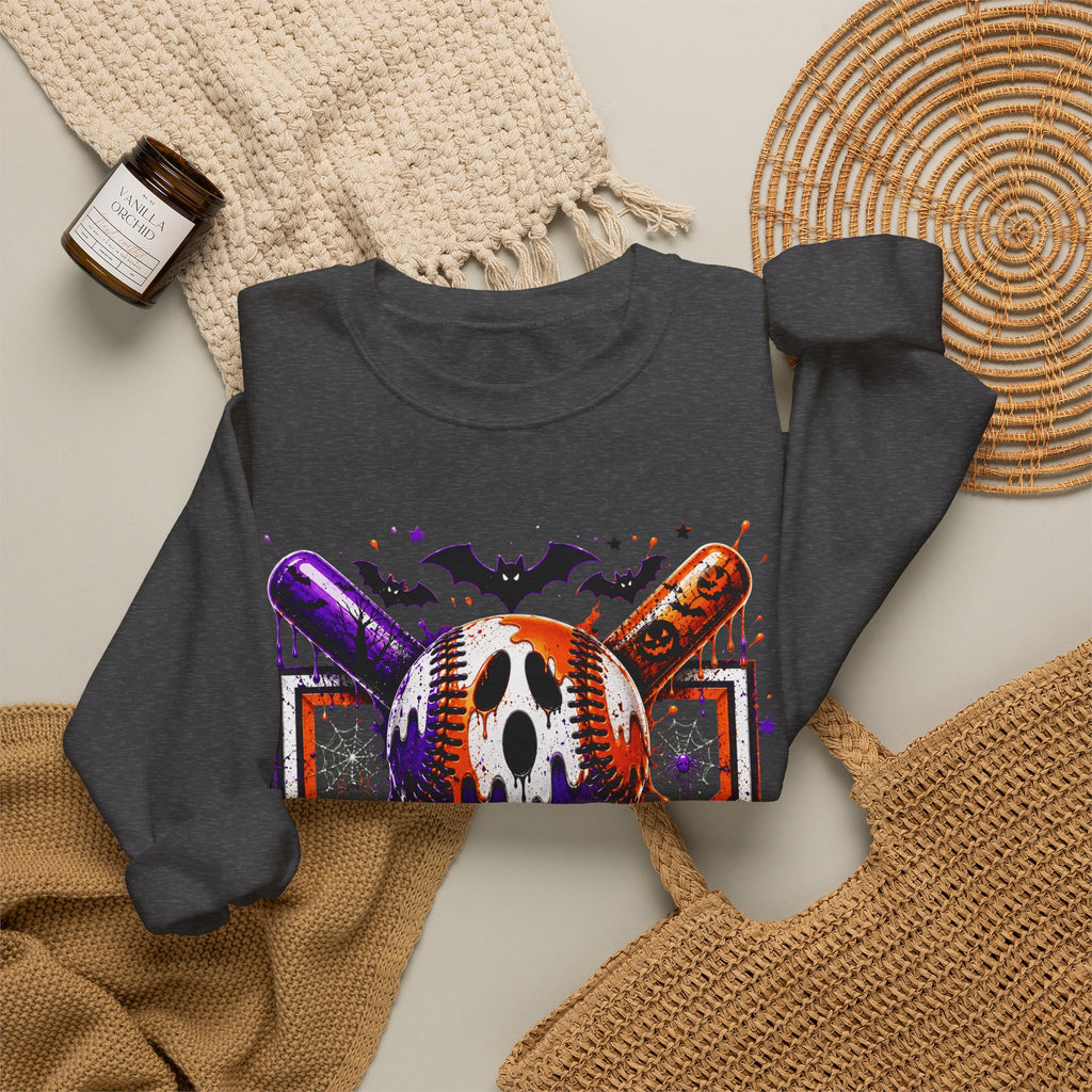 Halloween Baseball Crewneck Sweatshirt – Spooky Mask, Bats & Pumpkins Design