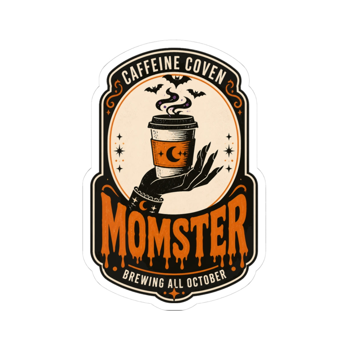 Momster Halloween Coffee Sticker | spooky mom, orange purple gothic