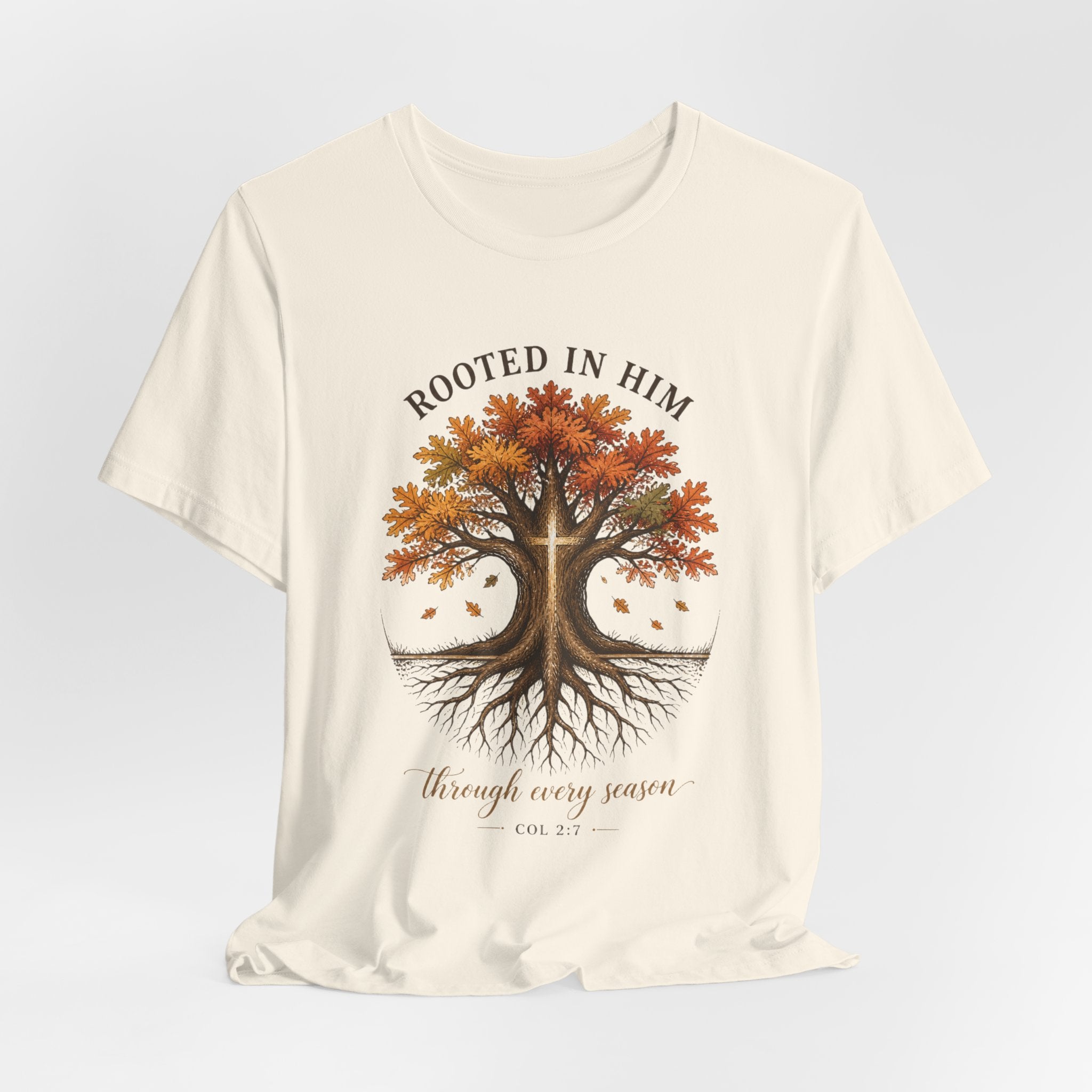 Rooted in Him Tree Tee | Christian Autumn, Fall Leaves Scripture Shirt