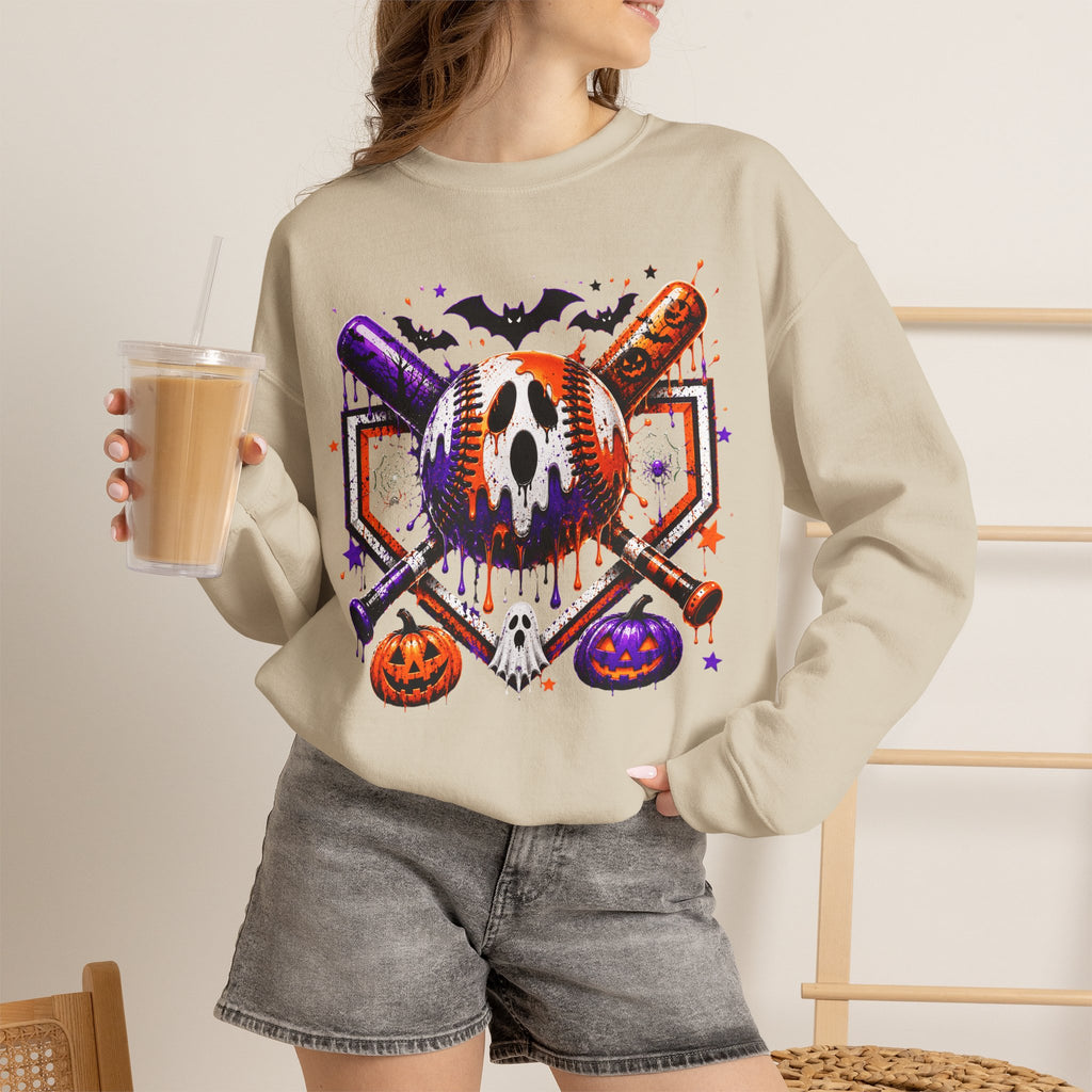 Halloween Baseball Crewneck Sweatshirt – Spooky Mask, Bats & Pumpkins Design