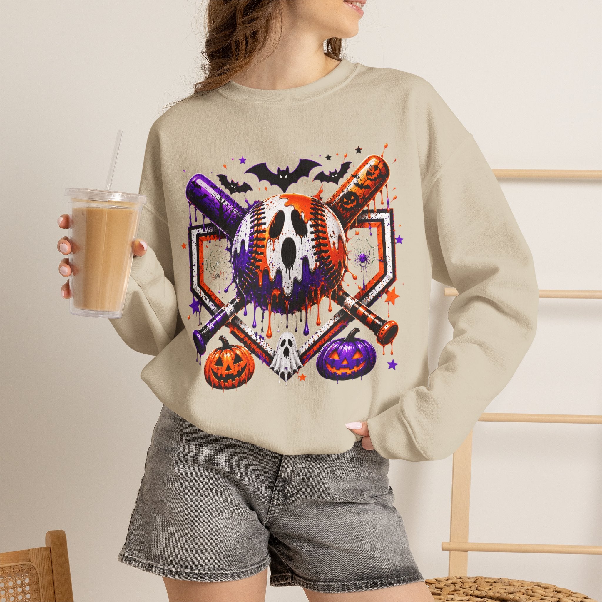 Halloween Baseball Crewneck Sweatshirt – Spooky Mask, Bats & Pumpkins Design