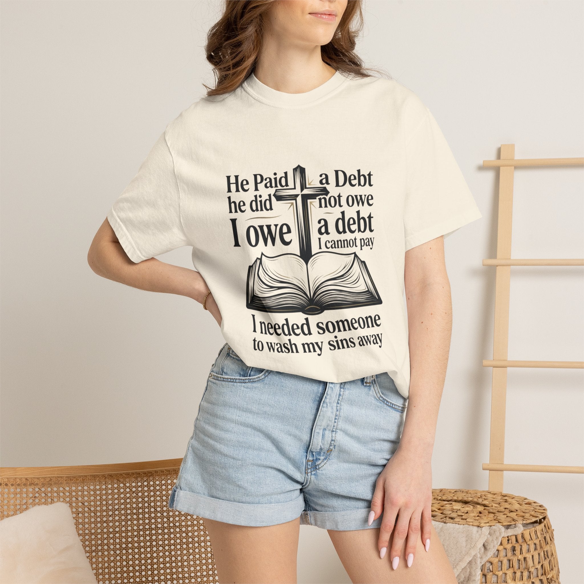 Christian Faith T-Shirt — "He Paid a Debt I Owe" Bible Verse Tee