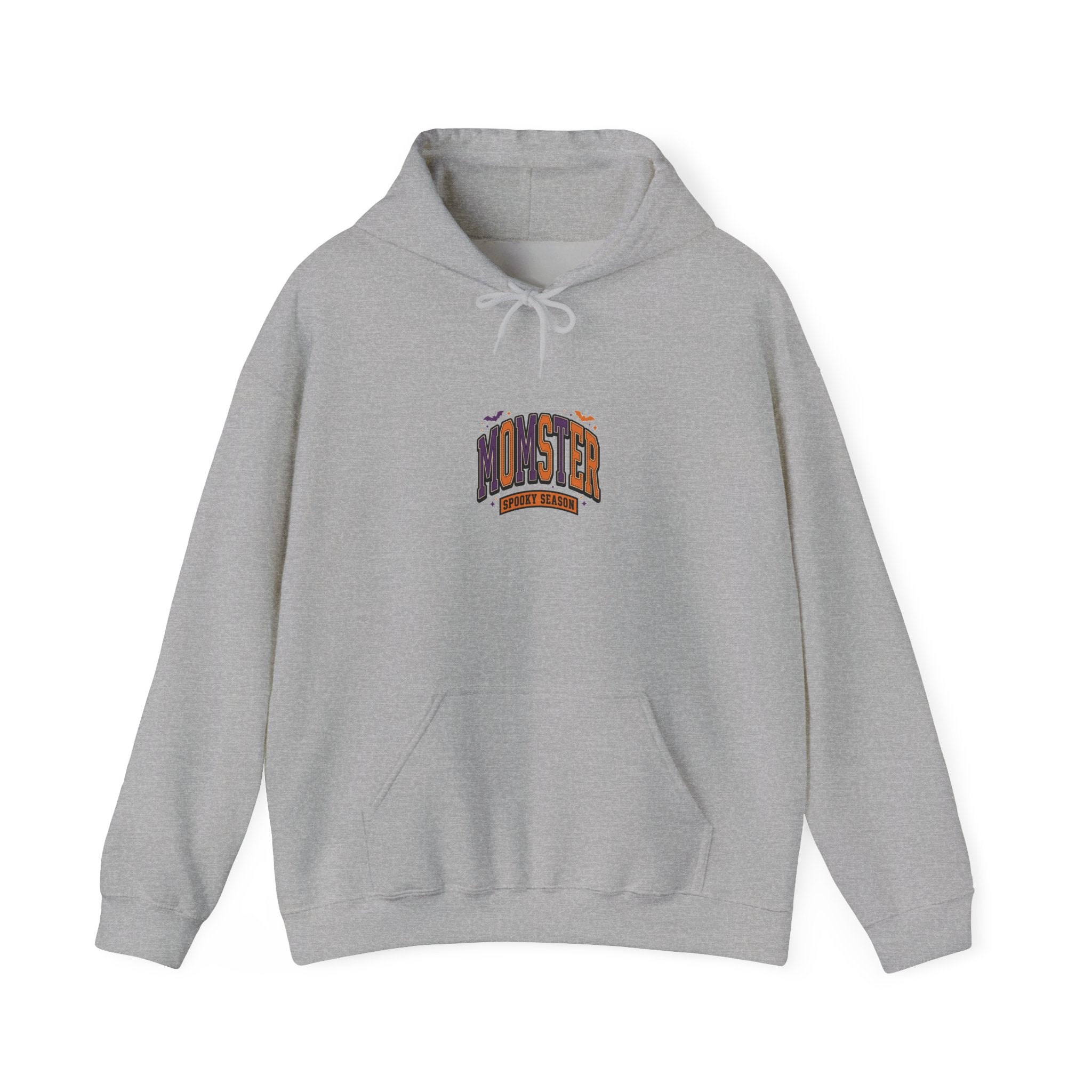 Momster Halloween Hoodie | spooky lettering, bats, purple orange collegiate