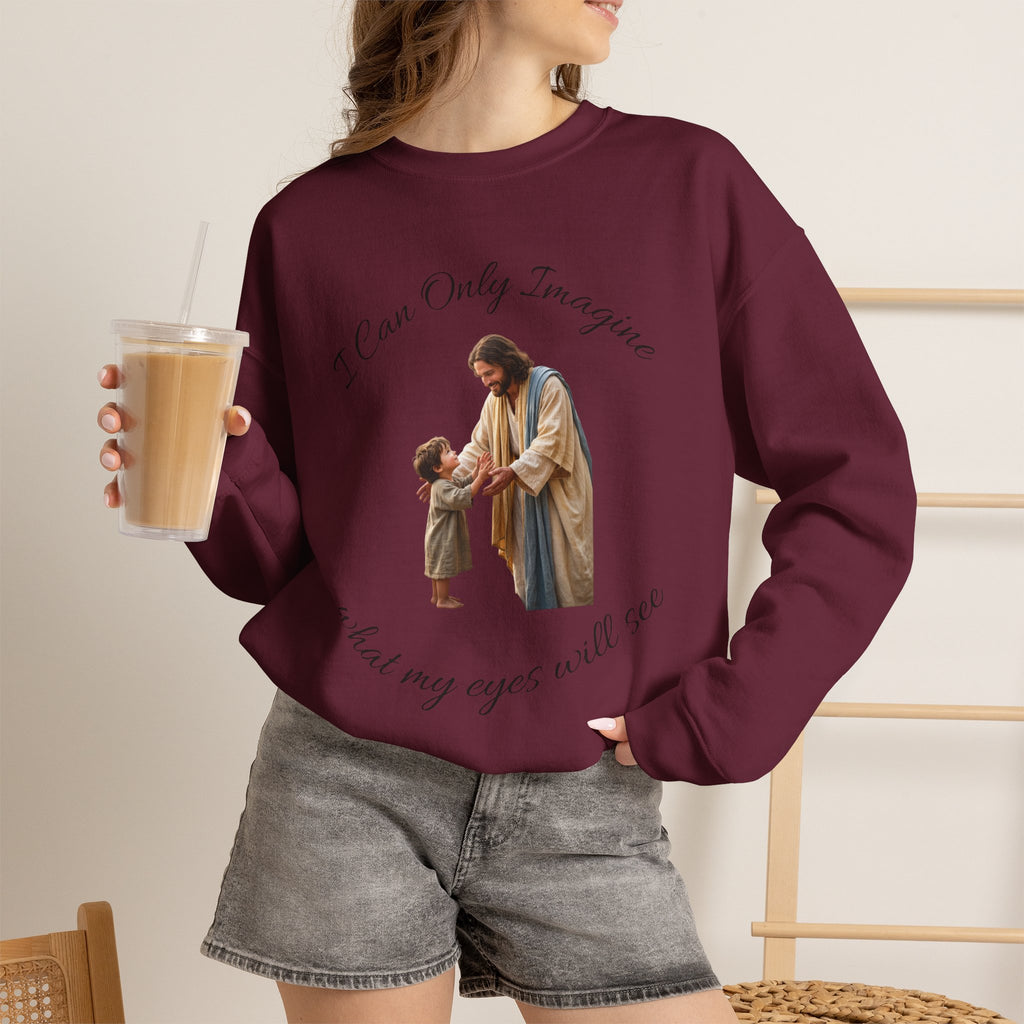 Religious Crewneck Sweatshirt — "I Can Only Imagine" Jesus & Child Graphic