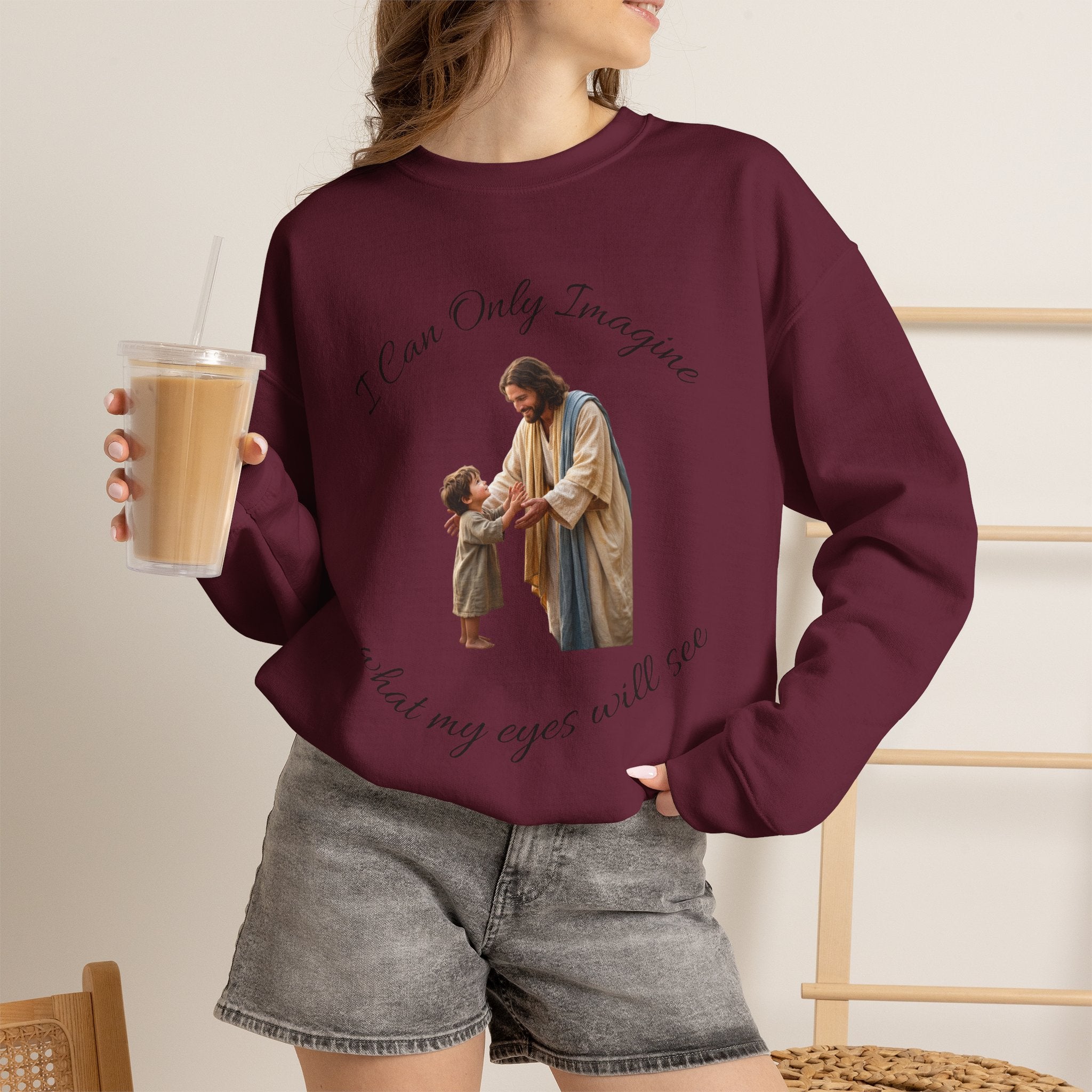 Religious Crewneck Sweatshirt — "I Can Only Imagine" Jesus & Child Graphic