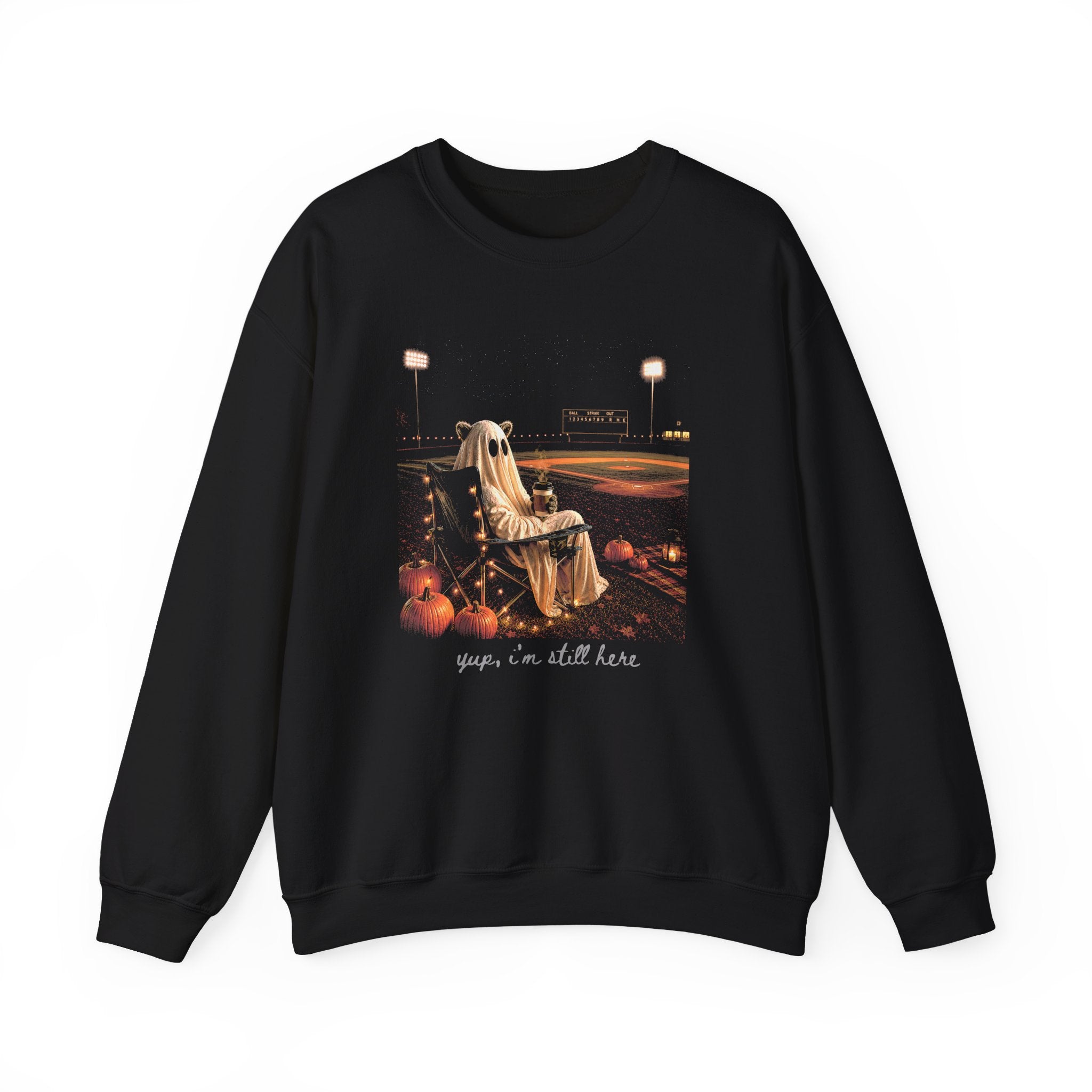 Halloween Ghost Crewneck Sweatshirt – 'guess i’m still here' Stadium Pumpkin Design
