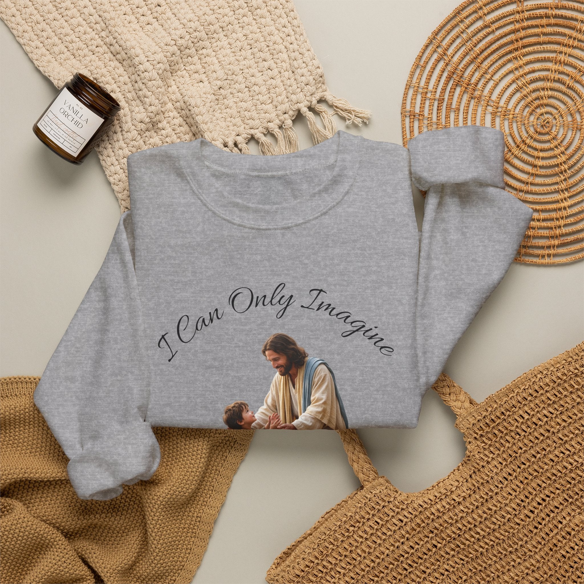 Religious Crewneck Sweatshirt — "I Can Only Imagine" Jesus & Child Graphic