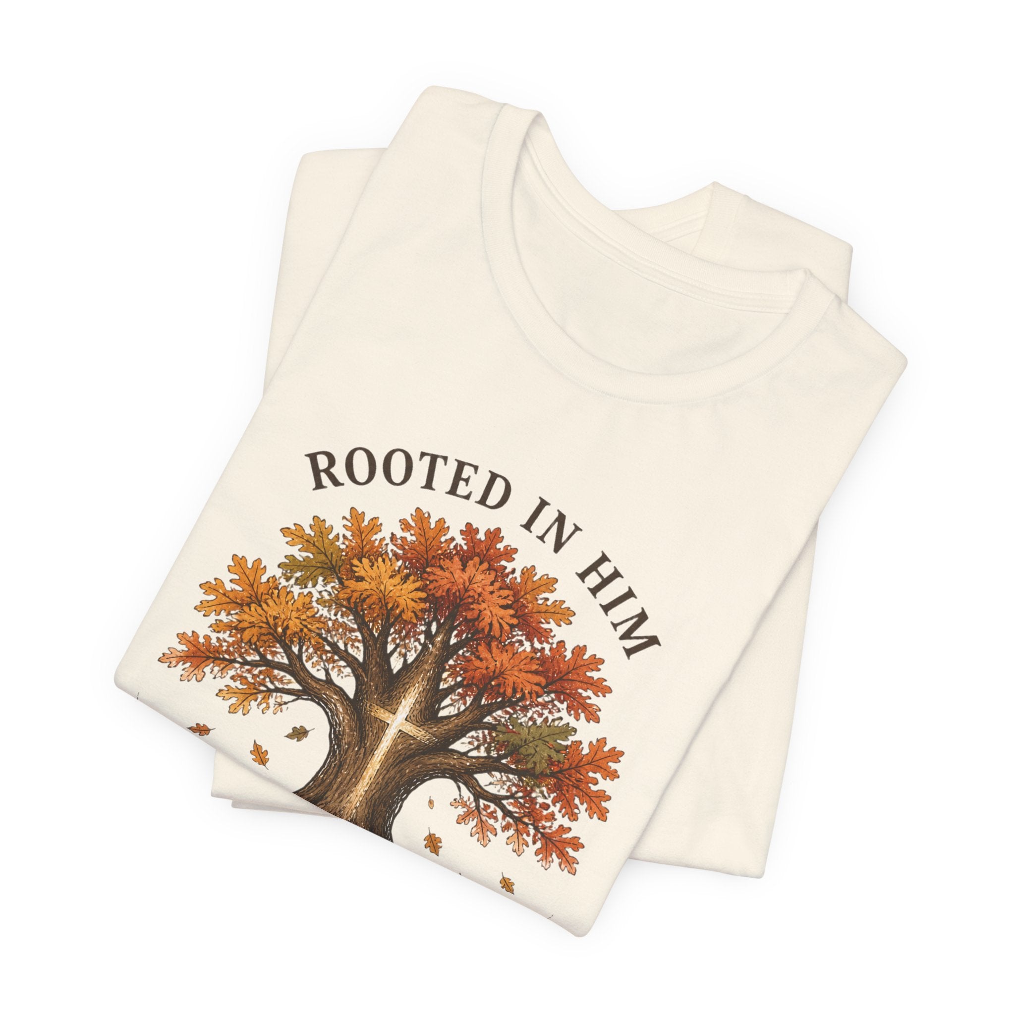Rooted in Him Tree Tee | Christian Autumn, Fall Leaves Scripture Shirt