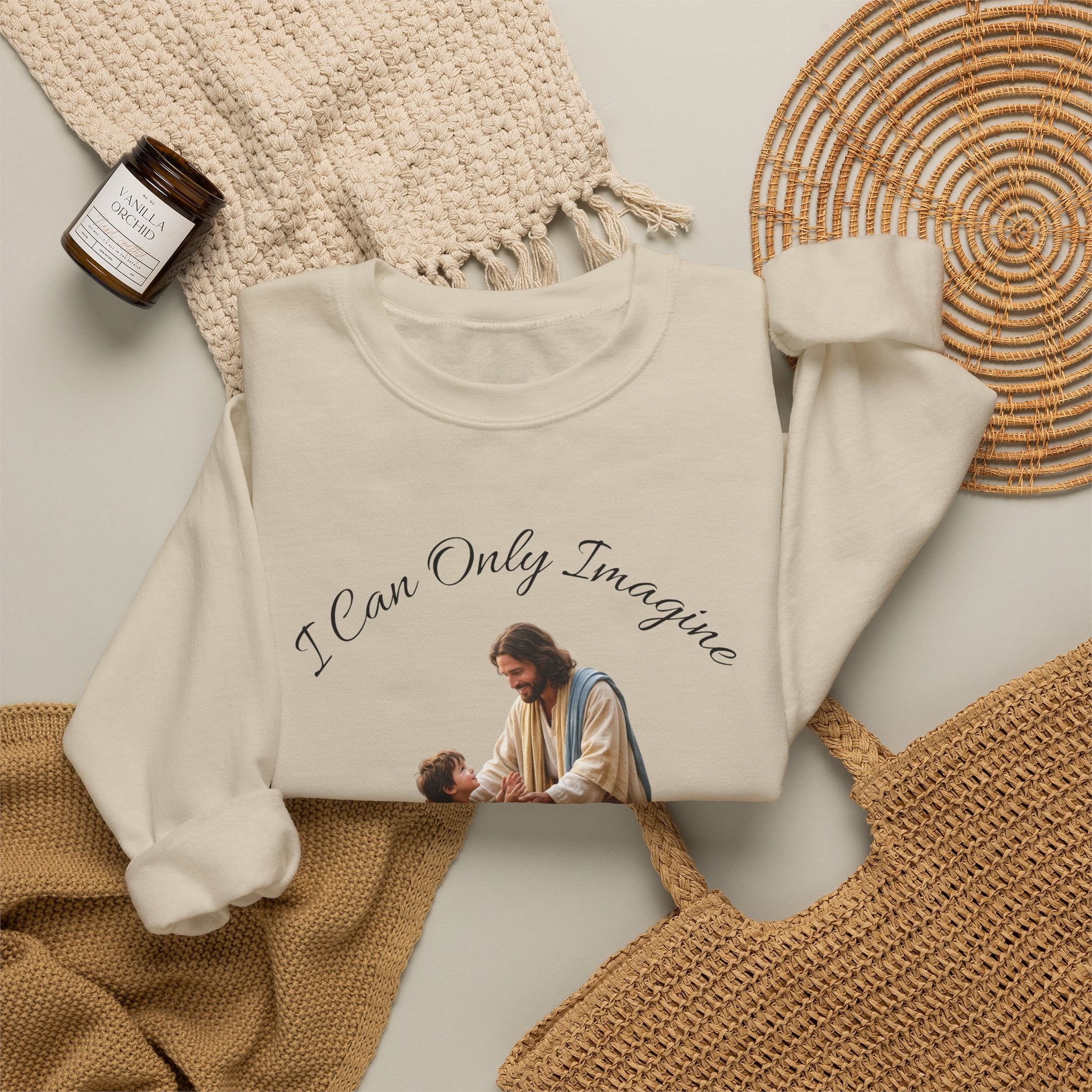 Religious Crewneck Sweatshirt — "I Can Only Imagine" Jesus & Child Graphic