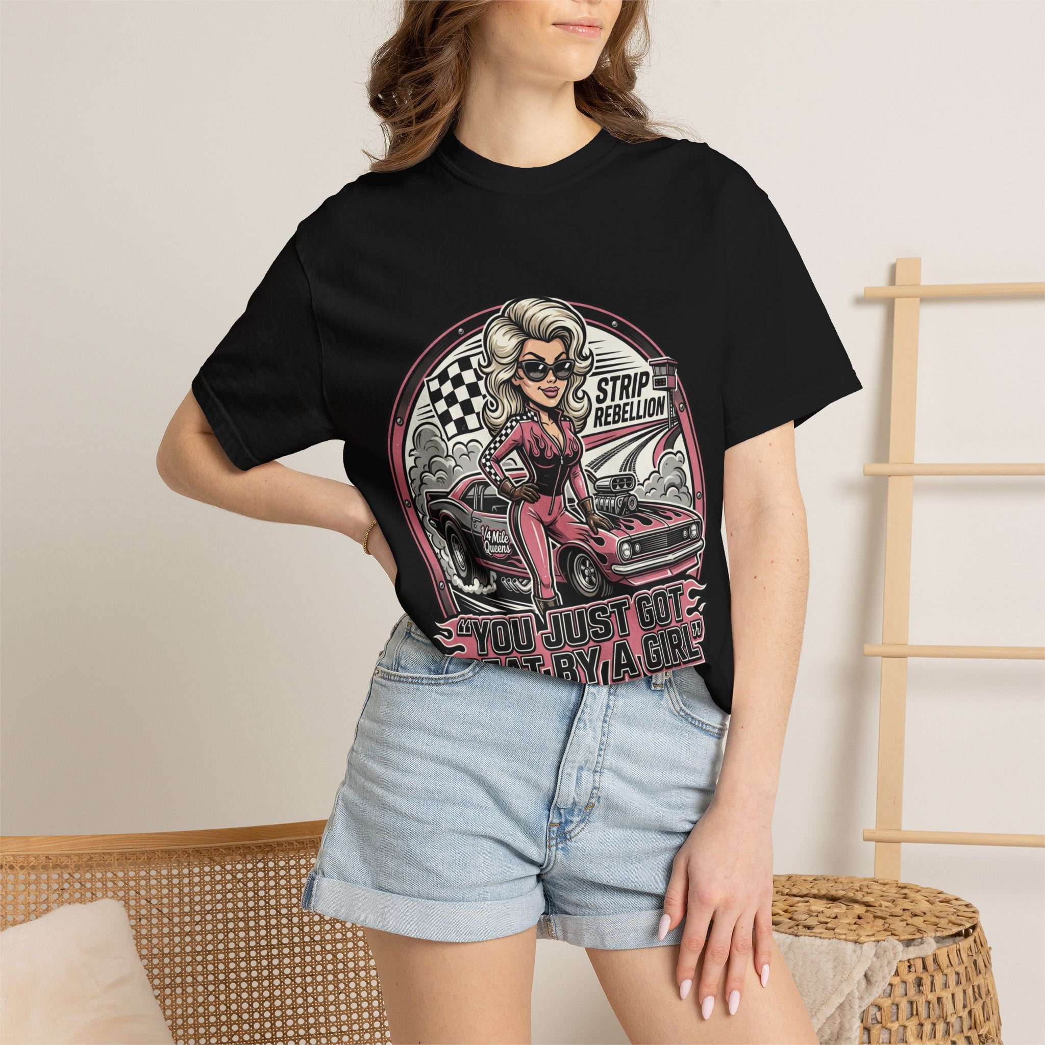 You Just Got Beat By A Girl Racecar T-Shirt — Pinup Girl 'Strip Rebellion' Racing Tee