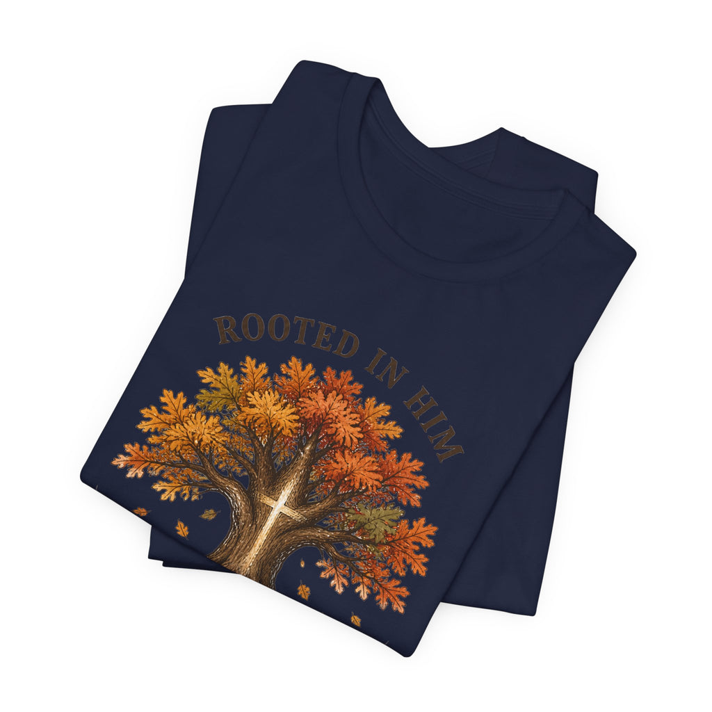 Rooted in Him Tree Tee | Christian Autumn, Fall Leaves Scripture Shirt