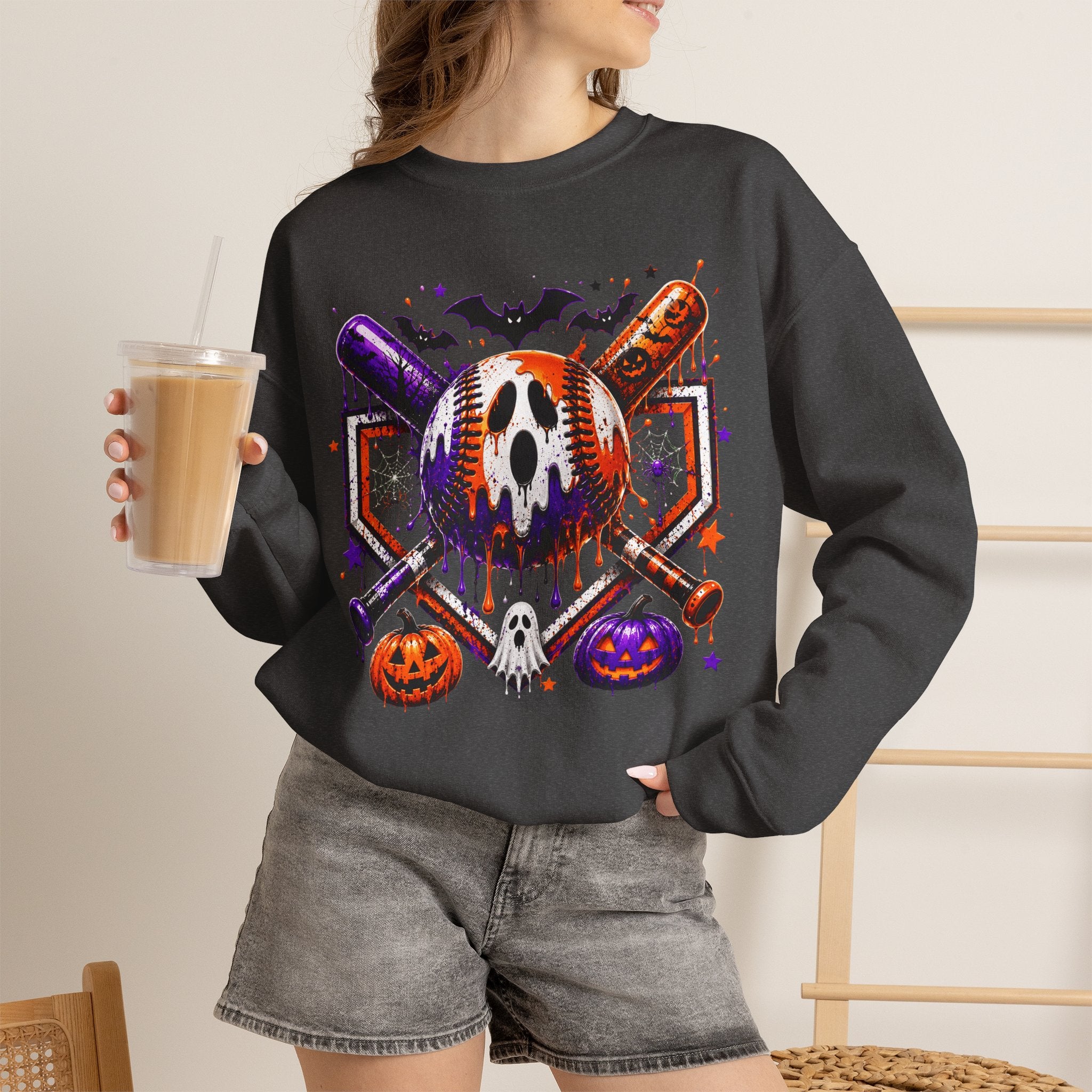 Halloween Baseball Crewneck Sweatshirt – Spooky Mask, Bats & Pumpkins Design