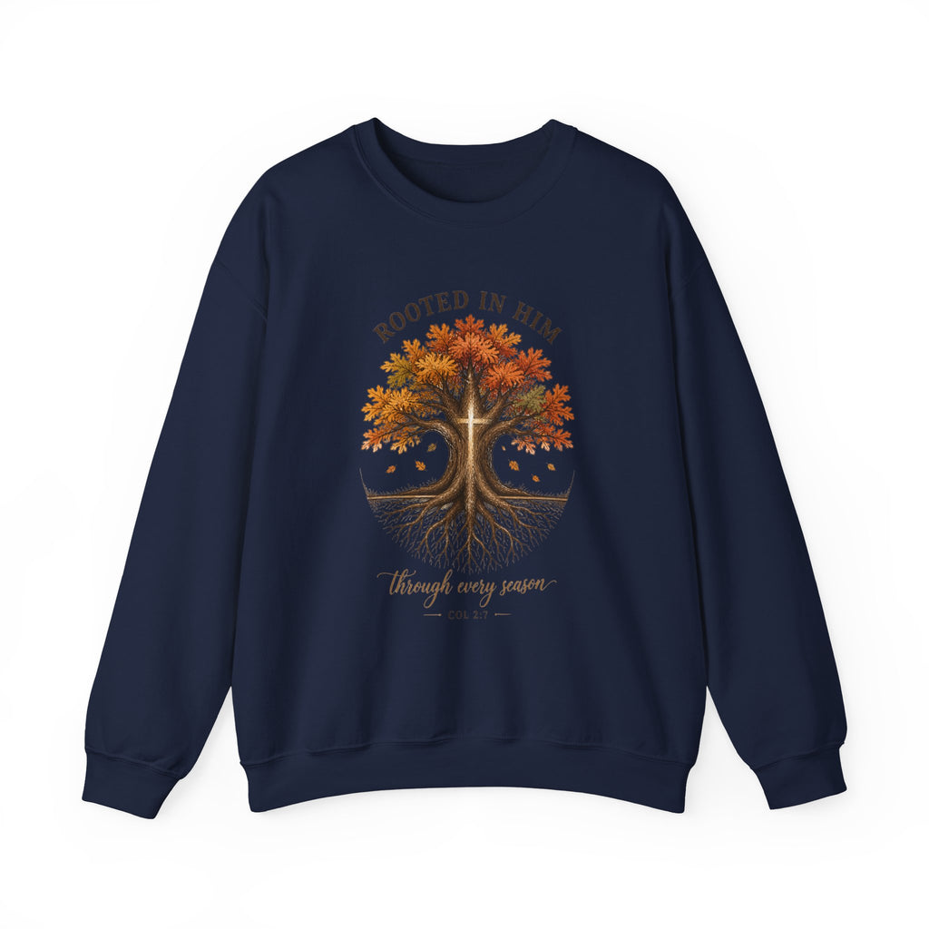 Rooted in Him Tree Sweatshirt | Christian Autumn, Fall Leaves