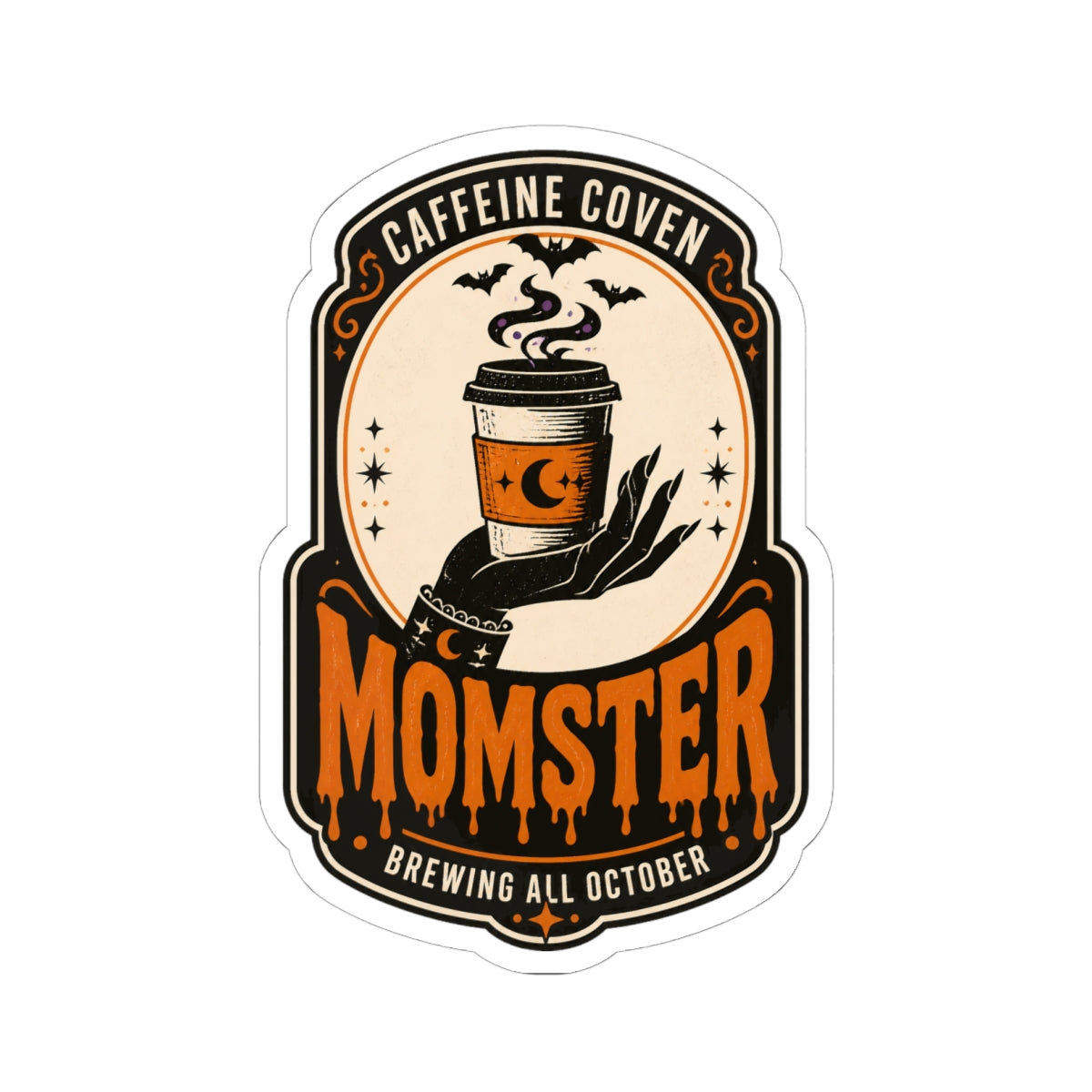 Momster Halloween Coffee Sticker | spooky mom, orange purple gothic