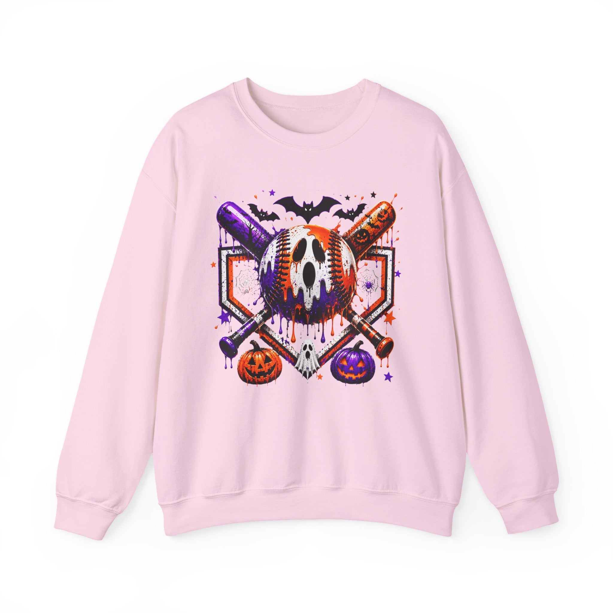Halloween Baseball Crewneck Sweatshirt – Spooky Mask, Bats & Pumpkins Graphic