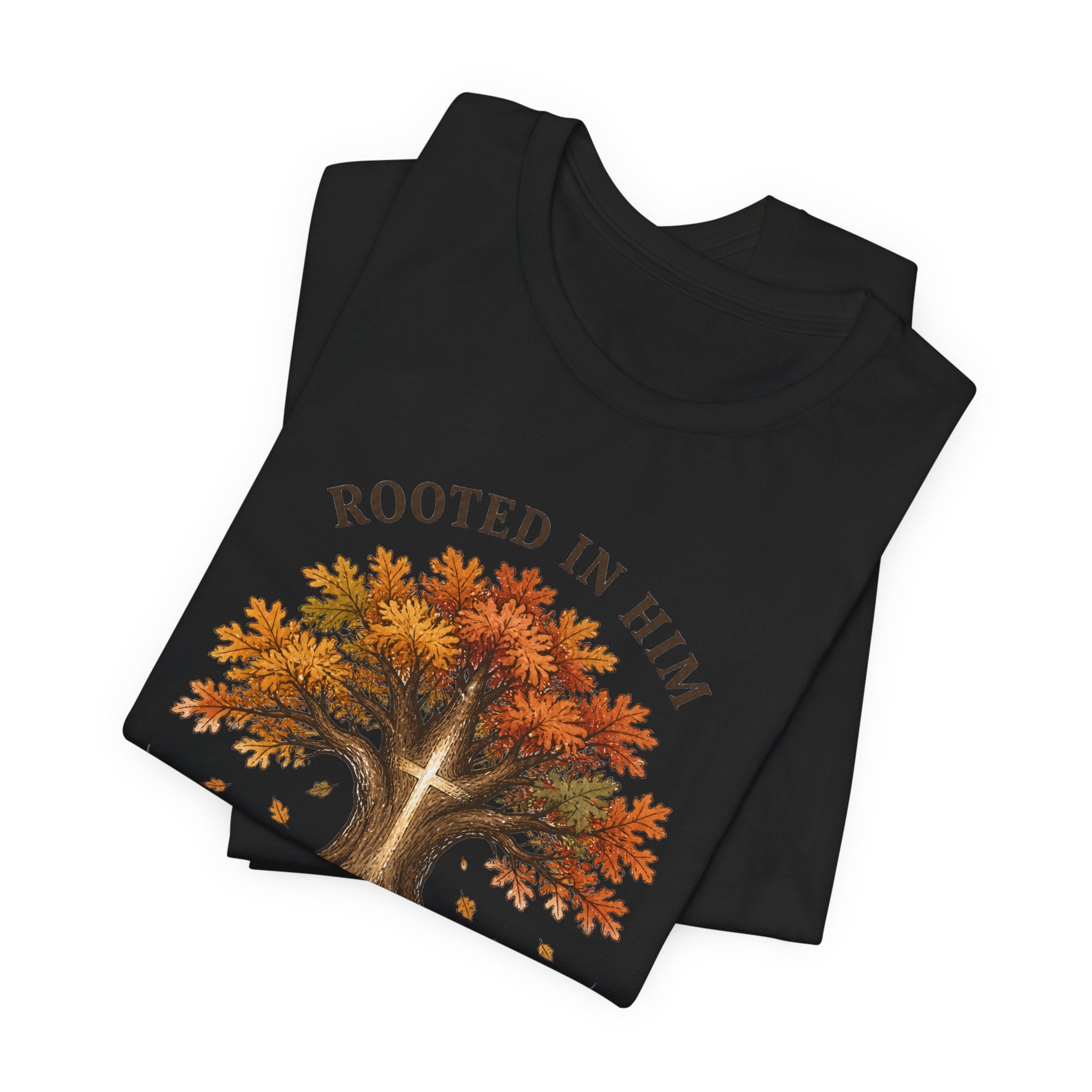 Rooted in Him Tree Tee | Christian Autumn, Fall Leaves Scripture Shirt