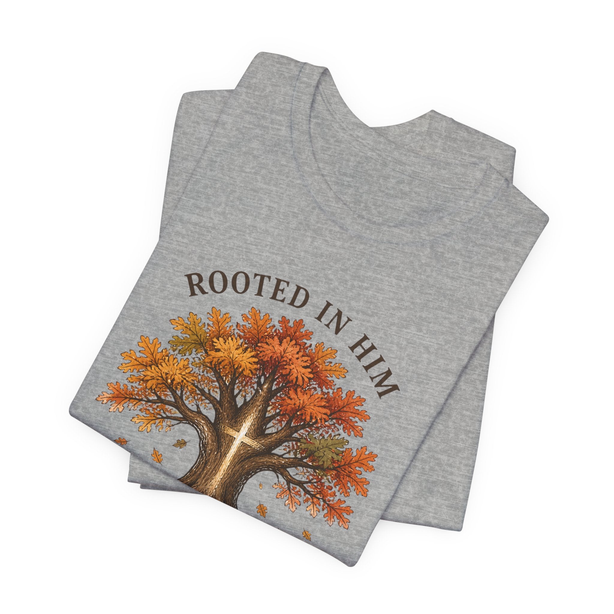 Rooted in Him Tree Tee | Christian Autumn, Fall Leaves Scripture Shirt