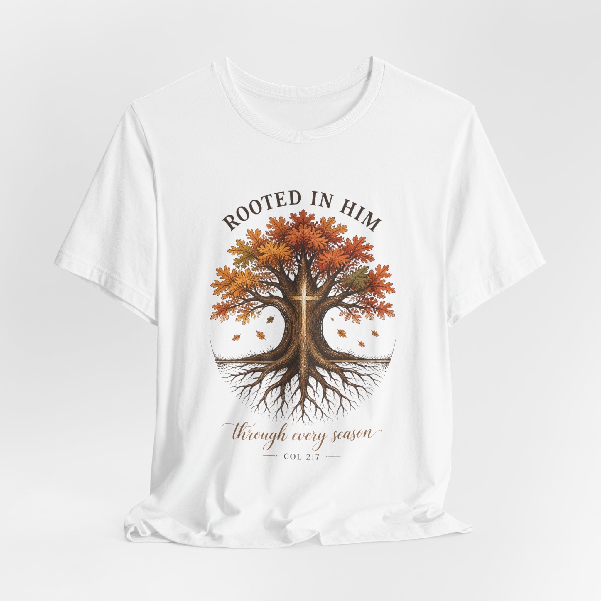 Rooted in Him Tree Tee | Christian Autumn, Fall Leaves Scripture Shirt