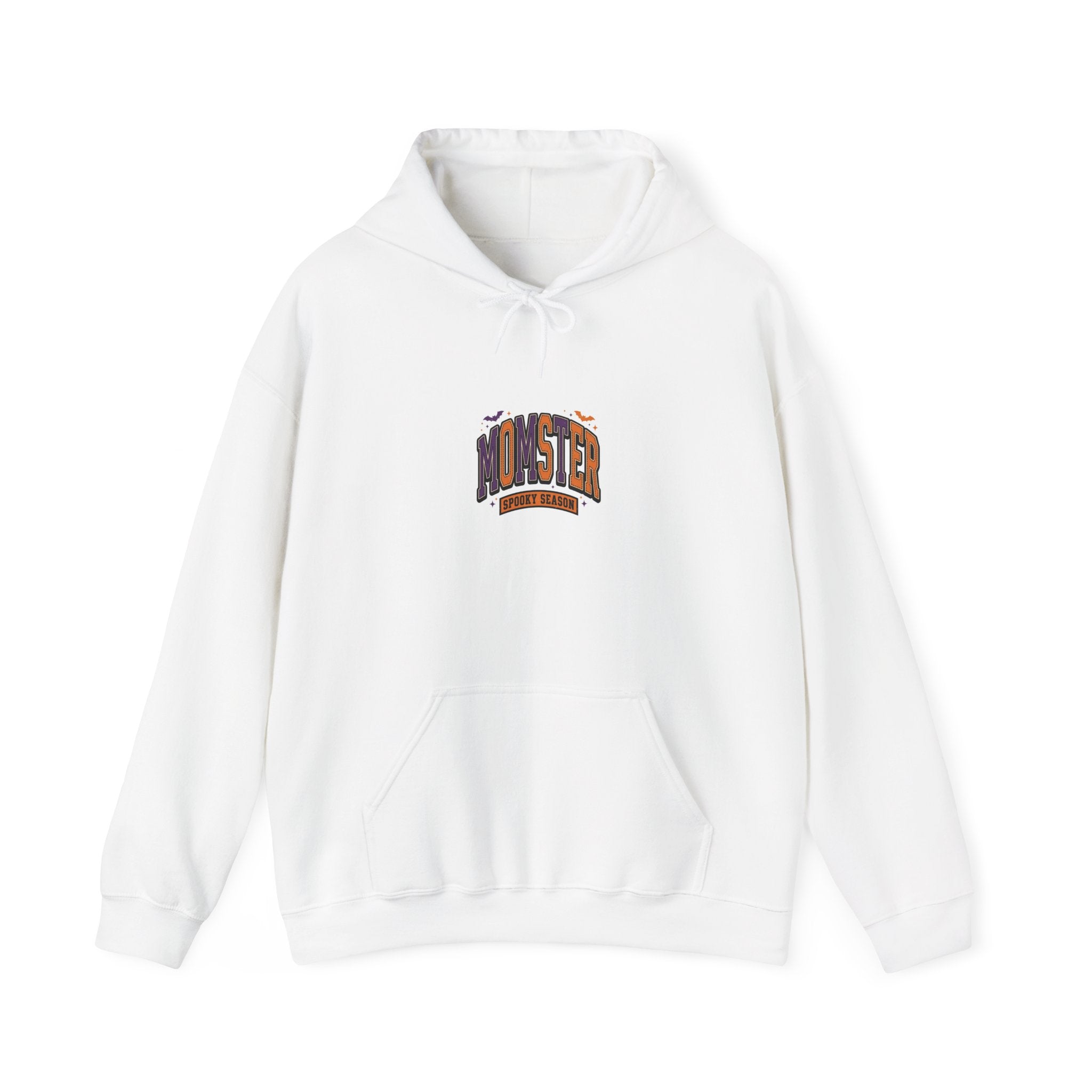 Momster Halloween Hoodie | spooky lettering, bats, purple orange collegiate